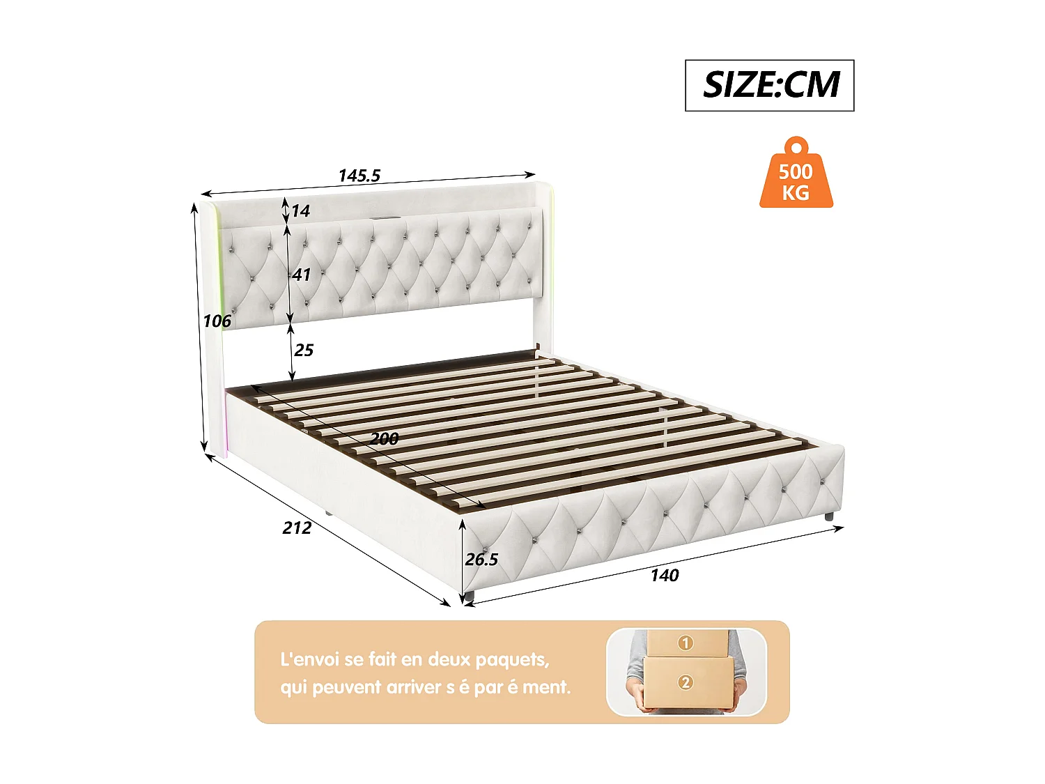 Lit Coffre 140 x 200 cm, avec éclairage LED et Charge USB, Lit Double Rembourré avec Rangement et Tete de lit, Velours, Blanc