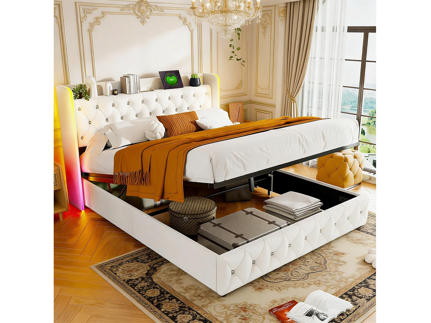 Lit Coffre 140 x 200 cm, avec éclairage LED et Charge USB, Lit Double Rembourré avec Rangement et Tete de lit, Velours, Blanc