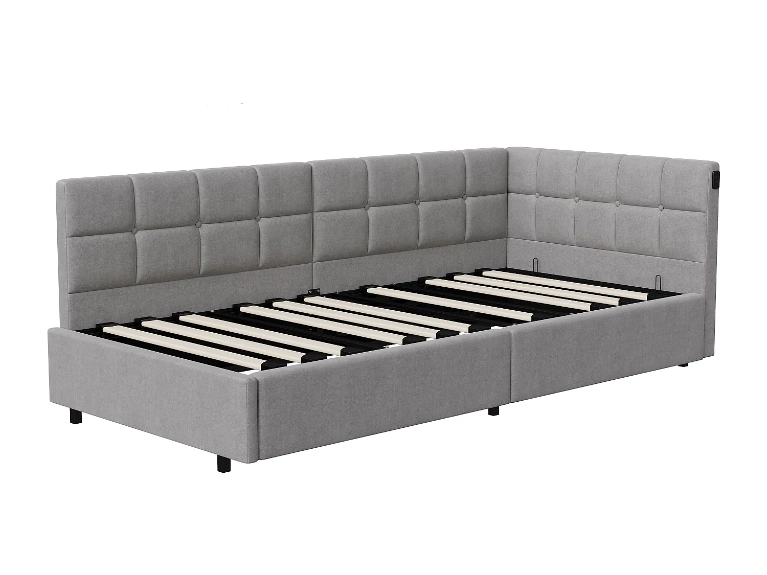 Lit simple 90x200cm avec rangement hydraulique - LED et USB - Velours - Gris