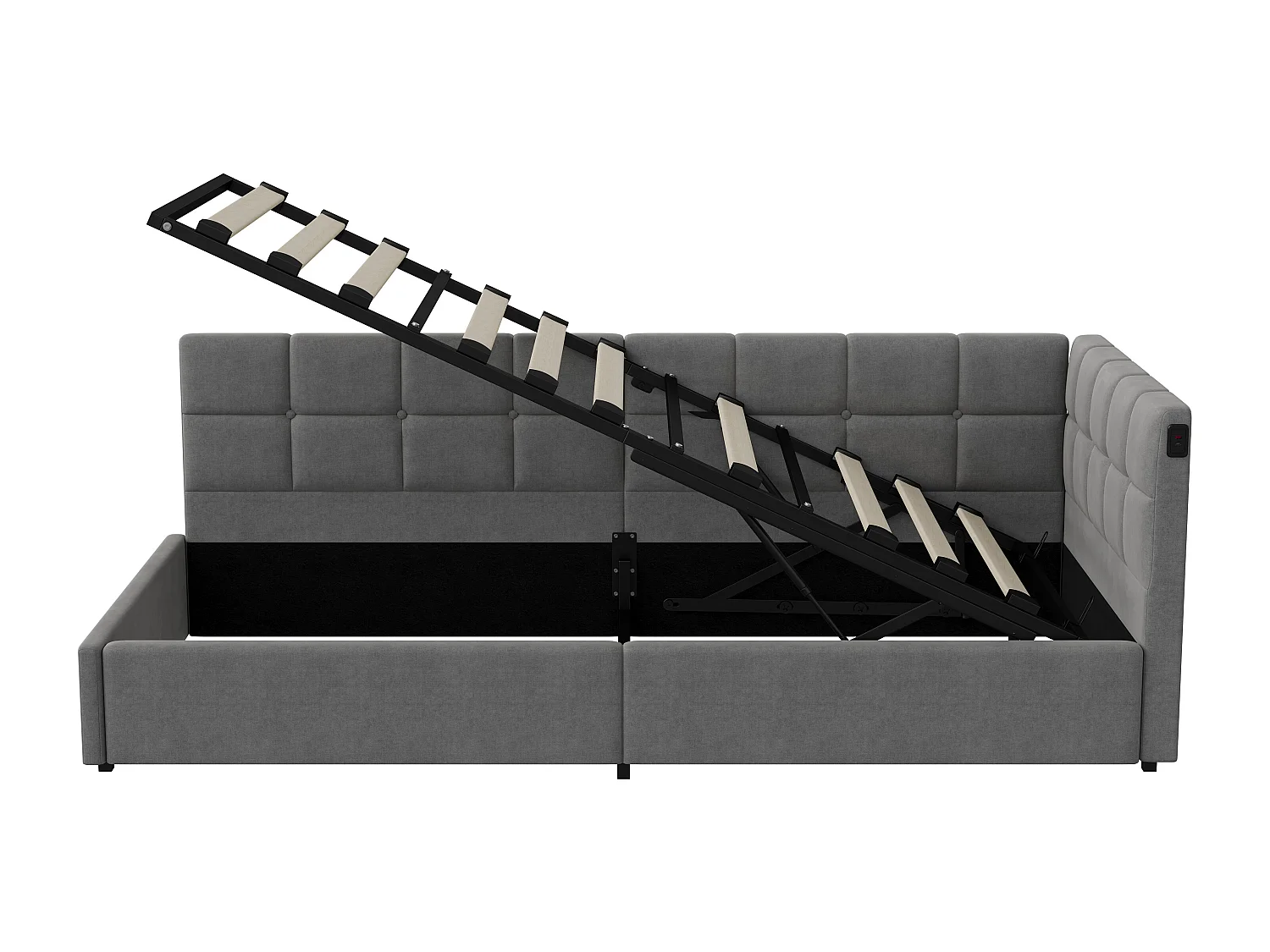 Lit simple 90x200cm avec rangement hydraulique - LED et USB - Velours - Gris
