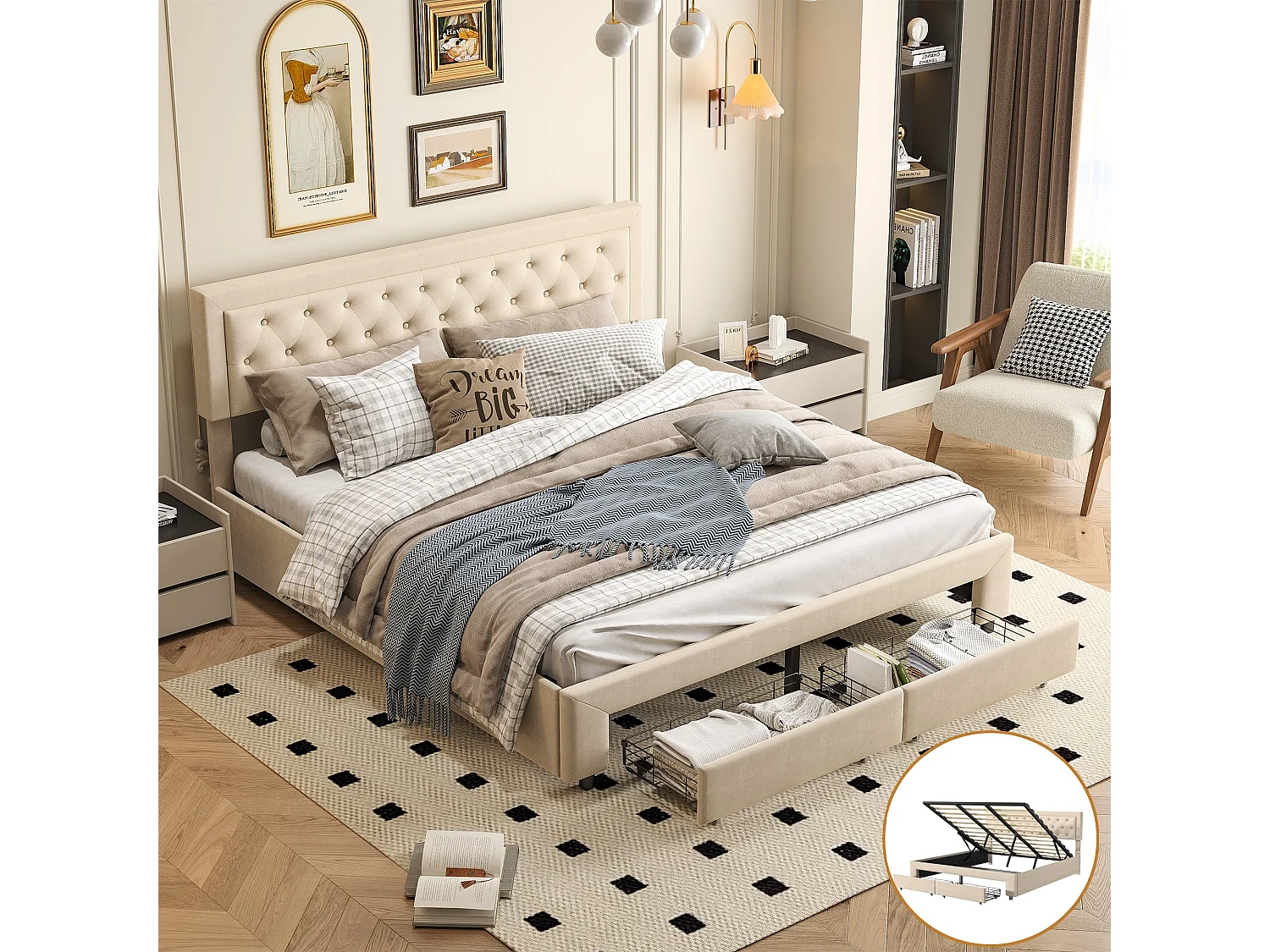 Opbergbed van 160x200 cm met lattenbodem –  Hydraulische hendel voor gemakkelijk opbergen – 2 lades – beige