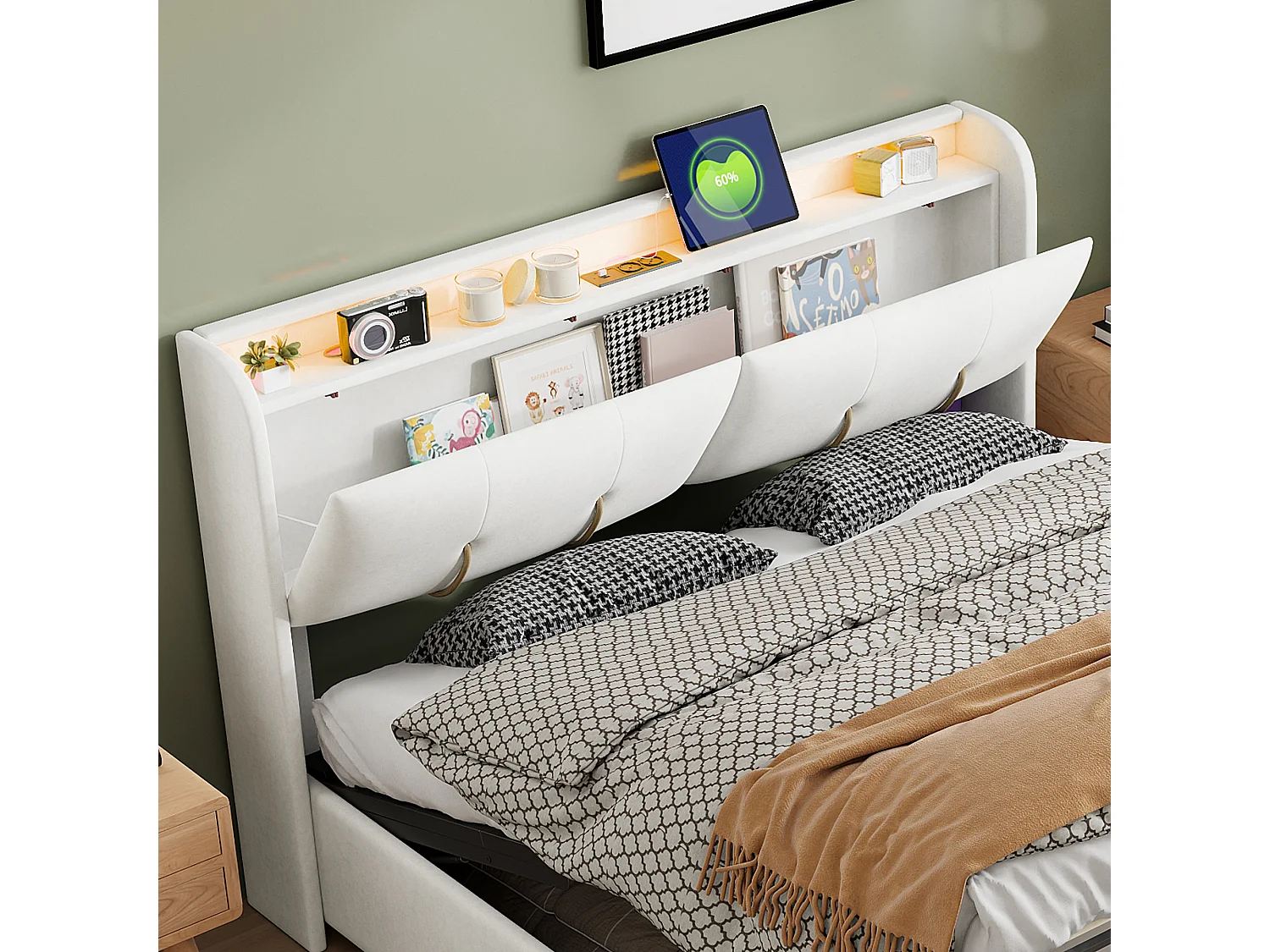 lit coffre 160x200 avec sommier, lit coffre avec 1 tiroir, LED et USB, tête de lit capitonné avec rangement, velours, blanc cassé