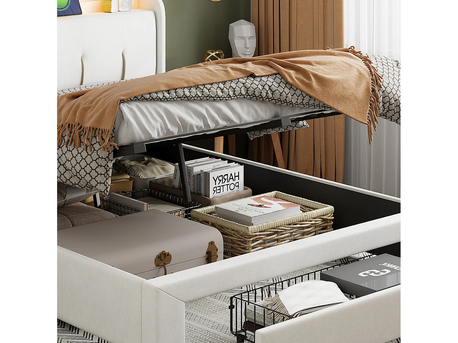 lit coffre 160x200 avec sommier, lit coffre avec 1 tiroir, LED et USB, tête de lit capitonné avec rangement, velours, blanc cassé