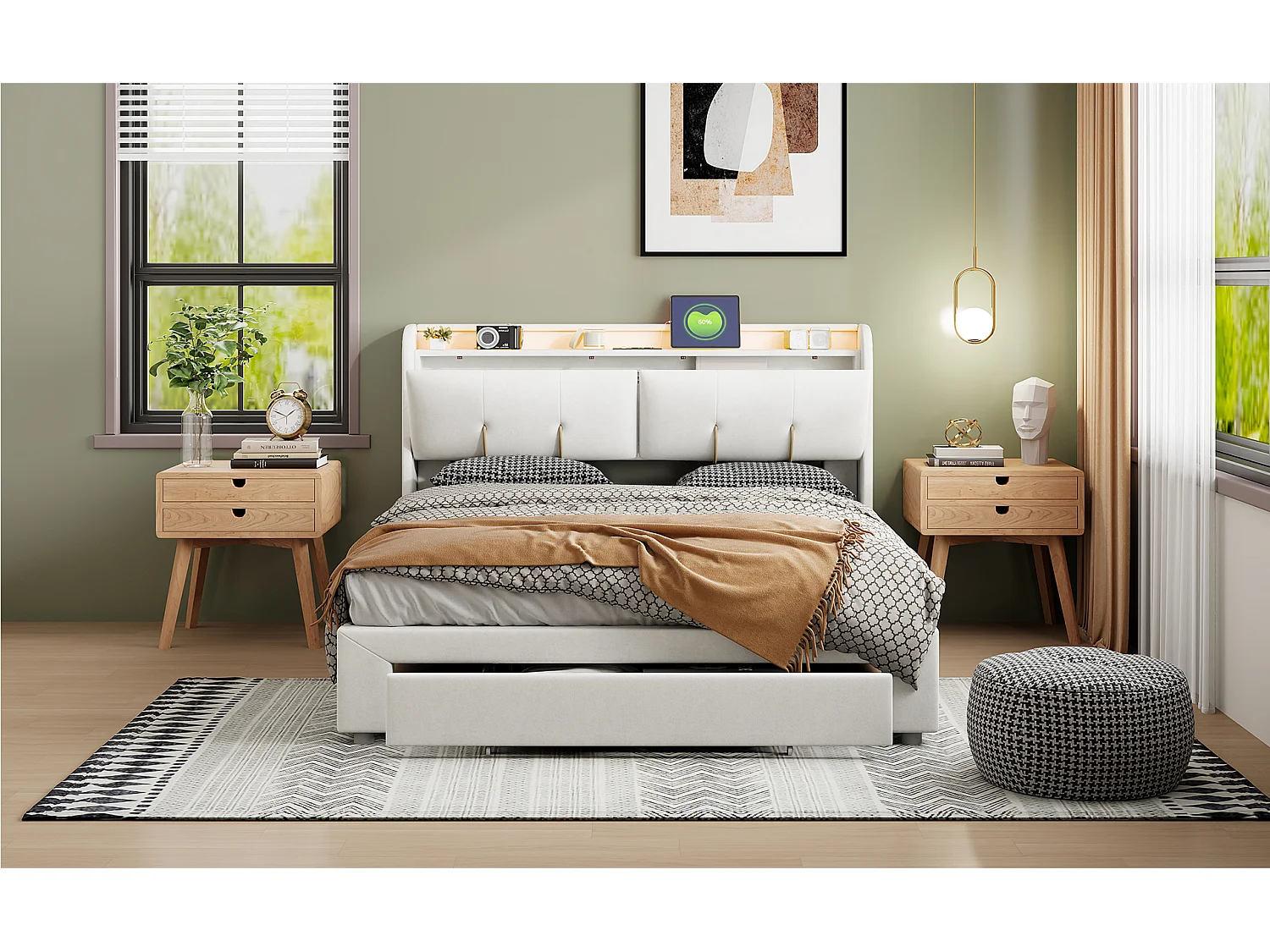 lit coffre 160x200 avec sommier, lit coffre avec 1 tiroir, LED et USB, tête de lit capitonné avec rangement, velours, blanc cassé