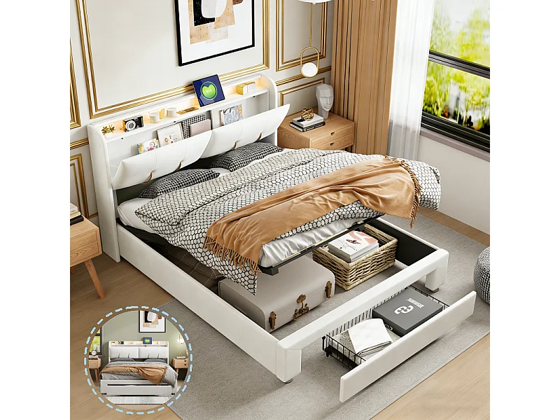 lit coffre 160x200 avec sommier, lit coffre avec 1 tiroir, LED et USB, tête de lit capitonné avec rangement, velours, blanc cassé