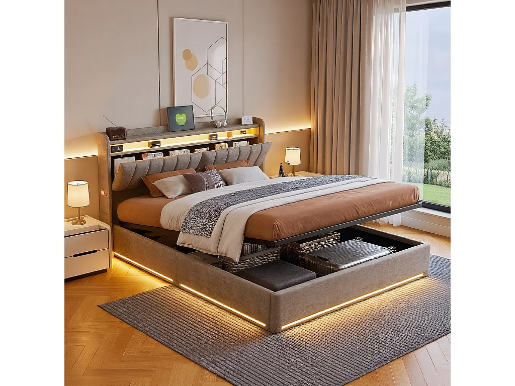 Lit Coffre 140 x 200 cm, avec tête de lit conteneur et LED et USB,  Lit double avec Sommier en Bois et Velours, Gris