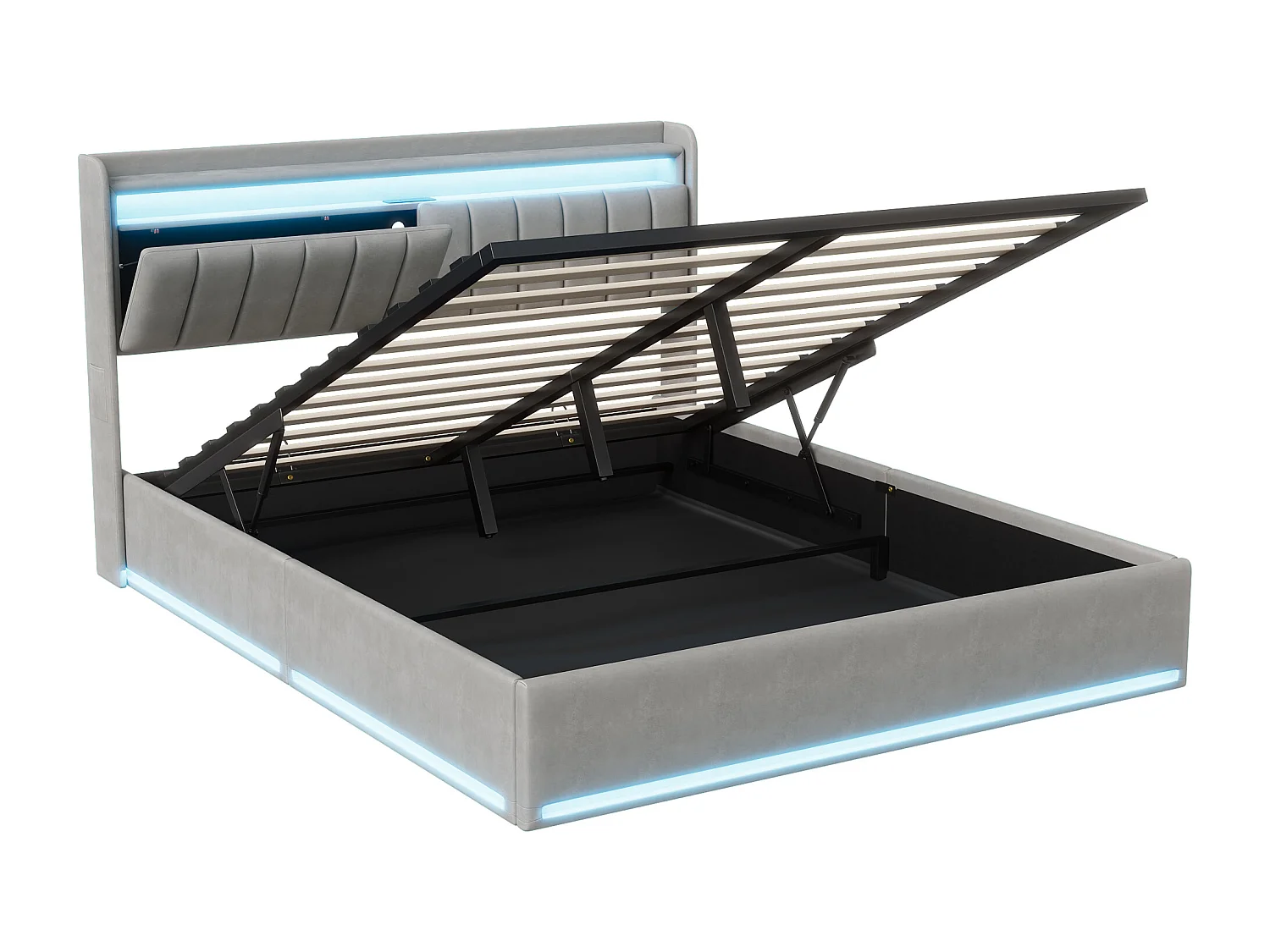 Lit Coffre 140 x 200 cm, avec tête de lit conteneur et LED et USB,  Lit double avec Sommier en Bois et Velours, Gris