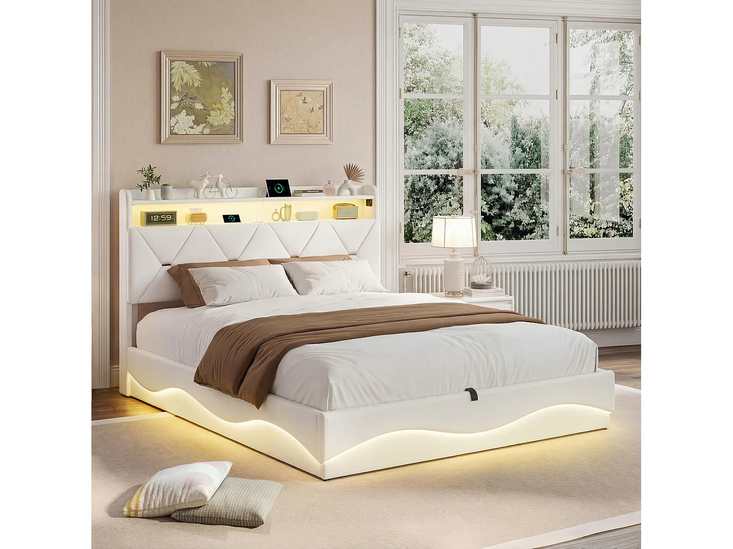 Cama doble de 160x200 cm con almacenamiento hidráulico - cabecero con LED y puerto USB - terciopelo - Beige