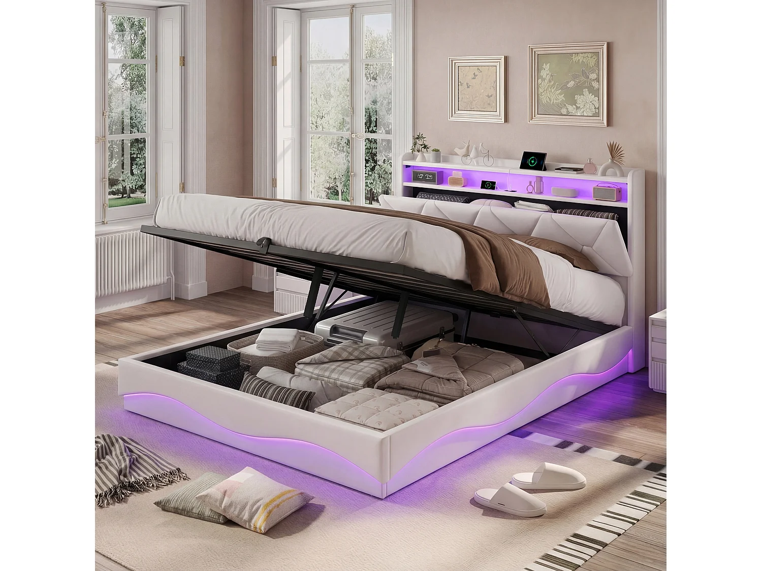 Cama doble de 160x200 cm con almacenamiento hidráulico - cabecero con LED y puerto USB - terciopelo - Beige