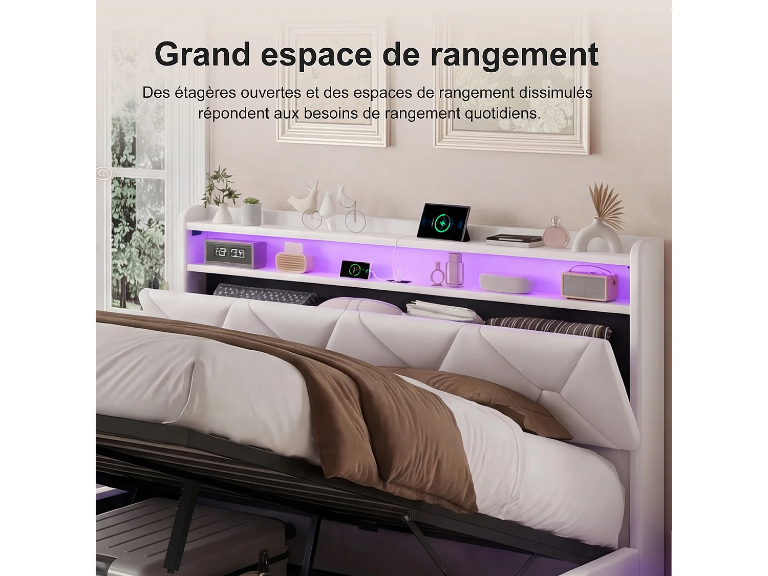 Cama doble de 160x200 cm con almacenamiento hidráulico - cabecero con LED y puerto USB - terciopelo - Beige