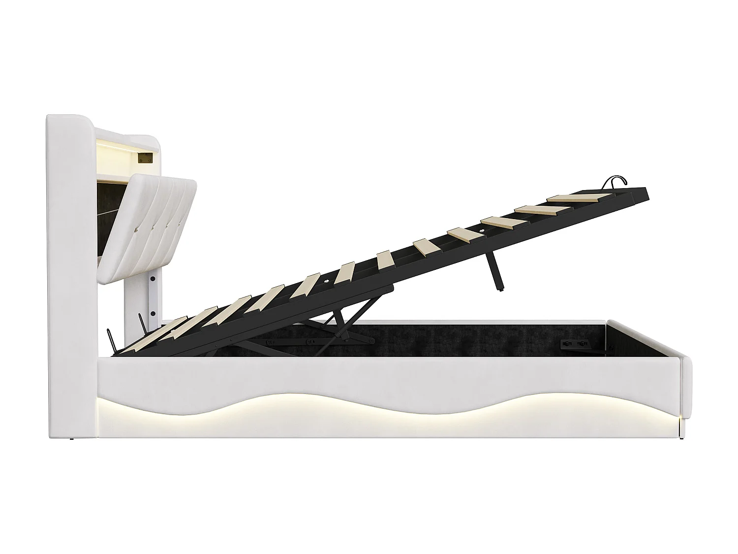 Cama doble de 160x200 cm con almacenamiento hidráulico - cabecero con LED y puerto USB - terciopelo - Beige