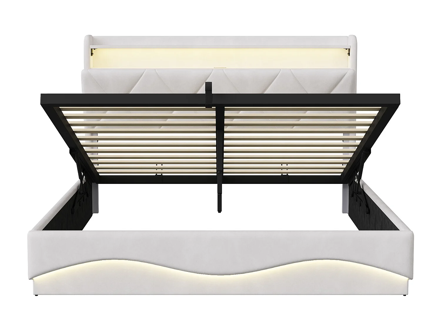 Cama doble de 160x200 cm con almacenamiento hidráulico - cabecero con LED y puerto USB - terciopelo - Beige