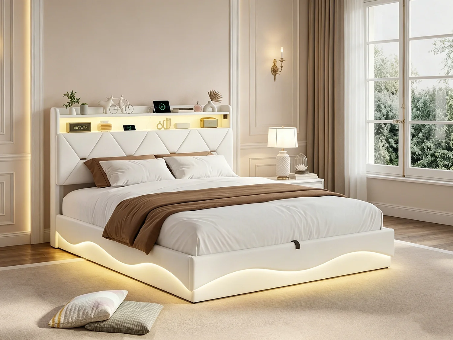 Lit double 160x200 cm avec rangement hydraulique - tête de lit avec LED et port USB - velours - Beige