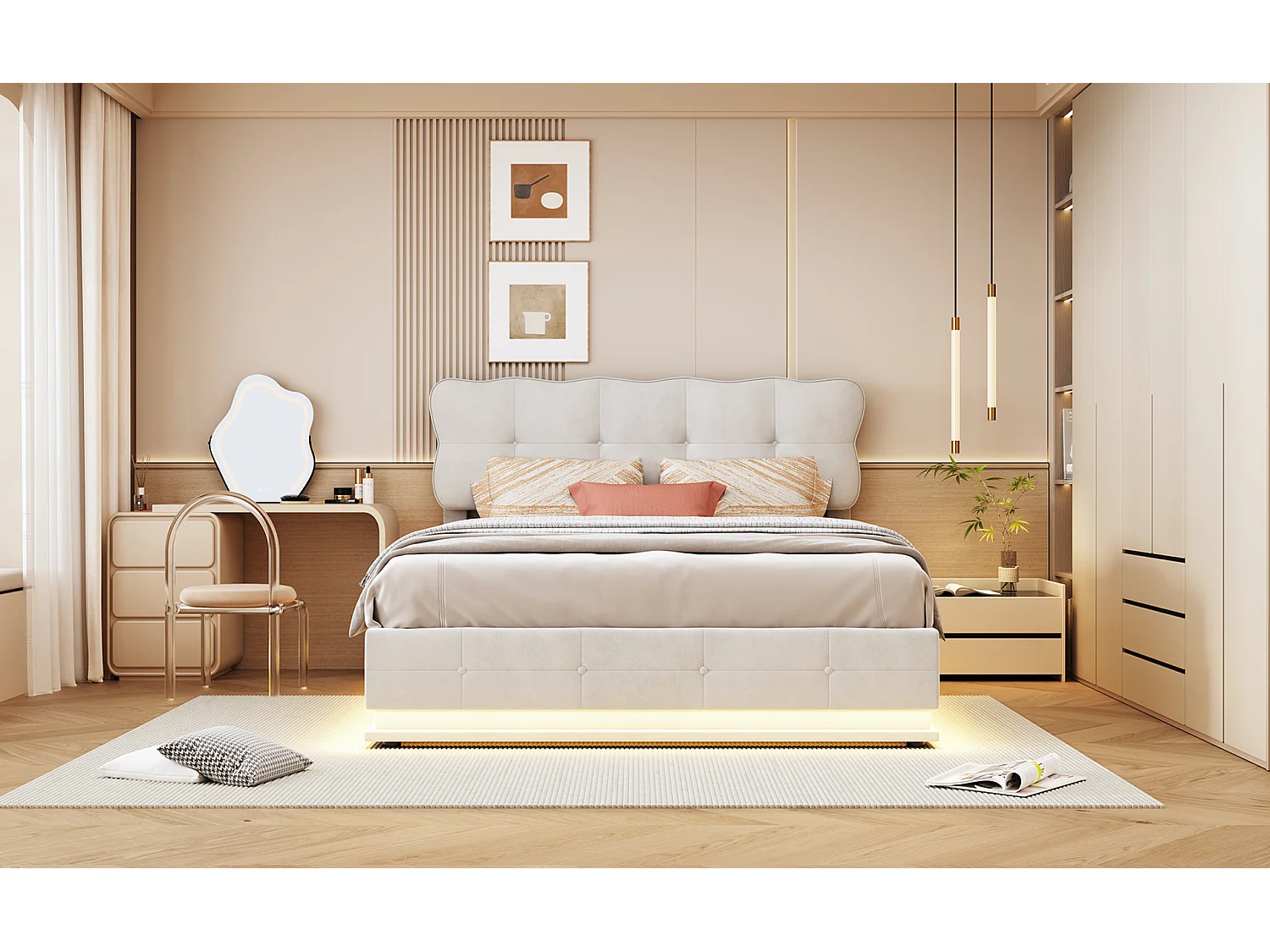 Lit Coffre 140 x 190 cm avec Éclairage LED, Lit Double Capitonné avec Rangement et Tete de lit pour Adultes et Adolescents, Velours