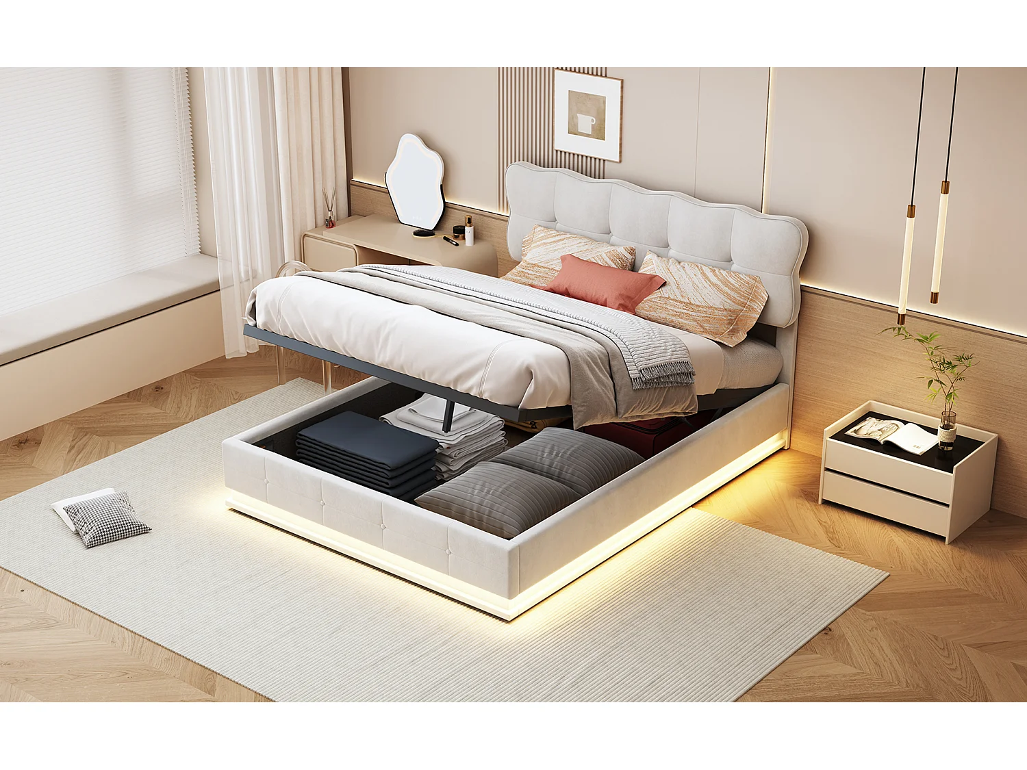 Lit Coffre 140 x 190 cm avec Éclairage LED, Lit Double Capitonné avec Rangement et Tete de lit pour Adultes et Adolescents, Velours