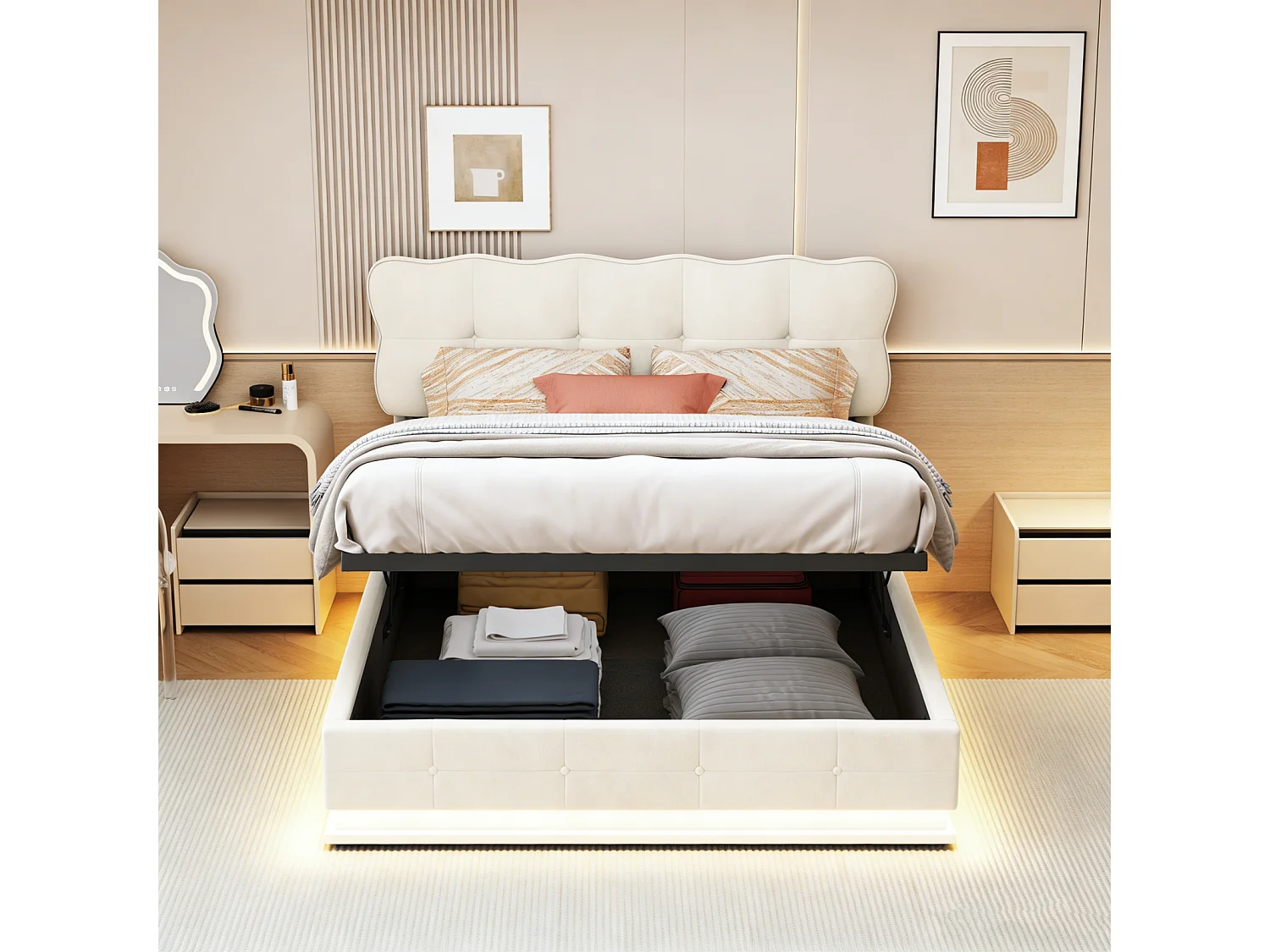 Lit Coffre 140 x 190 cm avec Éclairage LED, Lit Double Capitonné avec Rangement et Tete de lit pour Adultes et Adolescents, Velours