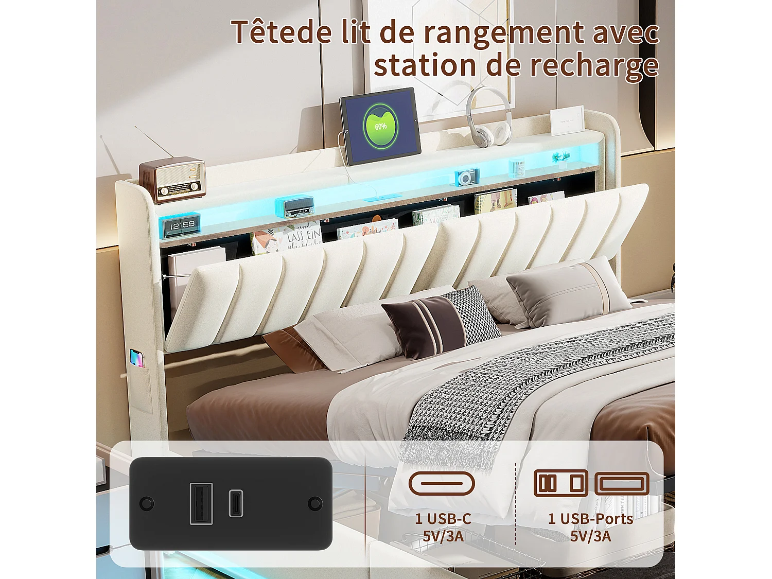 Lit double 160x200cm, lit rembourré avec LED et USB, tête de lit, espace de rangement, sommier à lattes, velours, beige