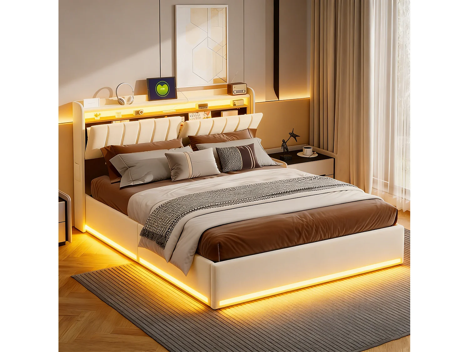 Lit double 160x200cm, lit rembourré avec LED et USB, tête de lit, espace de rangement, sommier à lattes, velours, beige