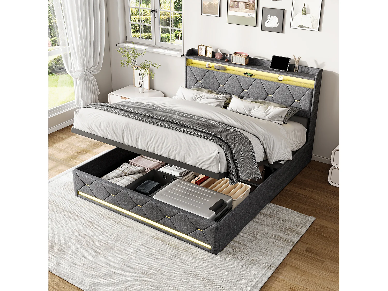 Cama de adulto de 140 x 200 cm con iluminación LED y puertos USB - compartimento de almacenamiento hidráulico - ropa de cama - gris