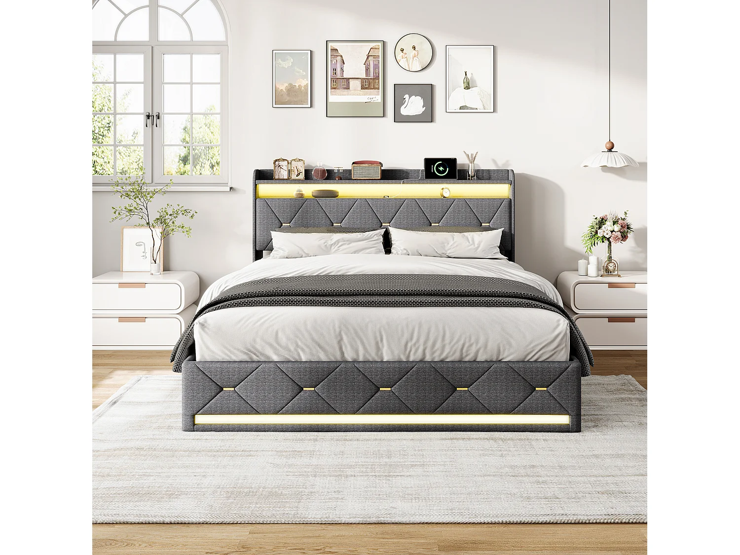 Cama de adulto de 140 x 200 cm con iluminación LED y puertos USB - compartimento de almacenamiento hidráulico - ropa de cama - gris