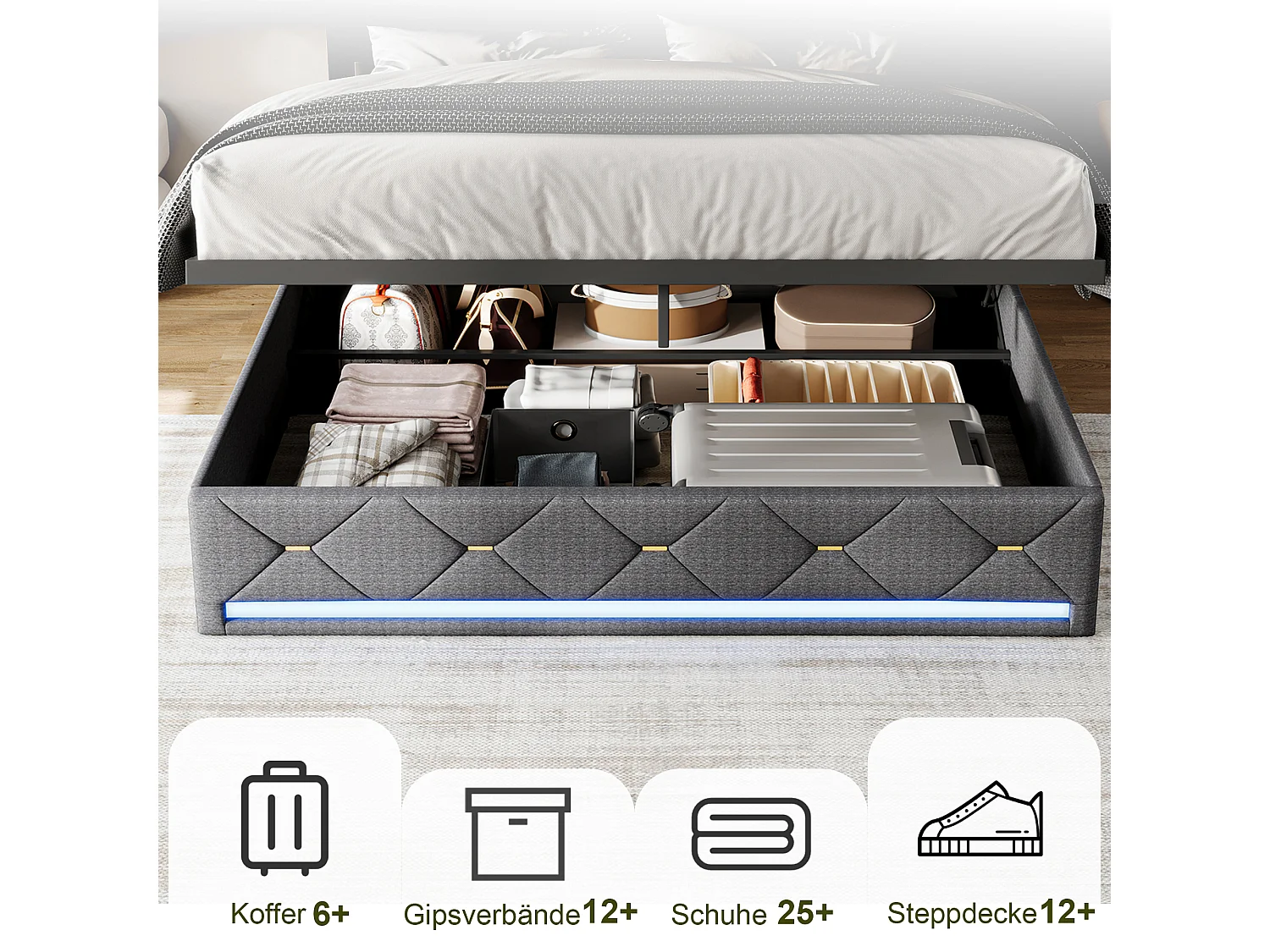 Cama de adulto de 140 x 200 cm con iluminación LED y puertos USB - compartimento de almacenamiento hidráulico - ropa de cama - gris