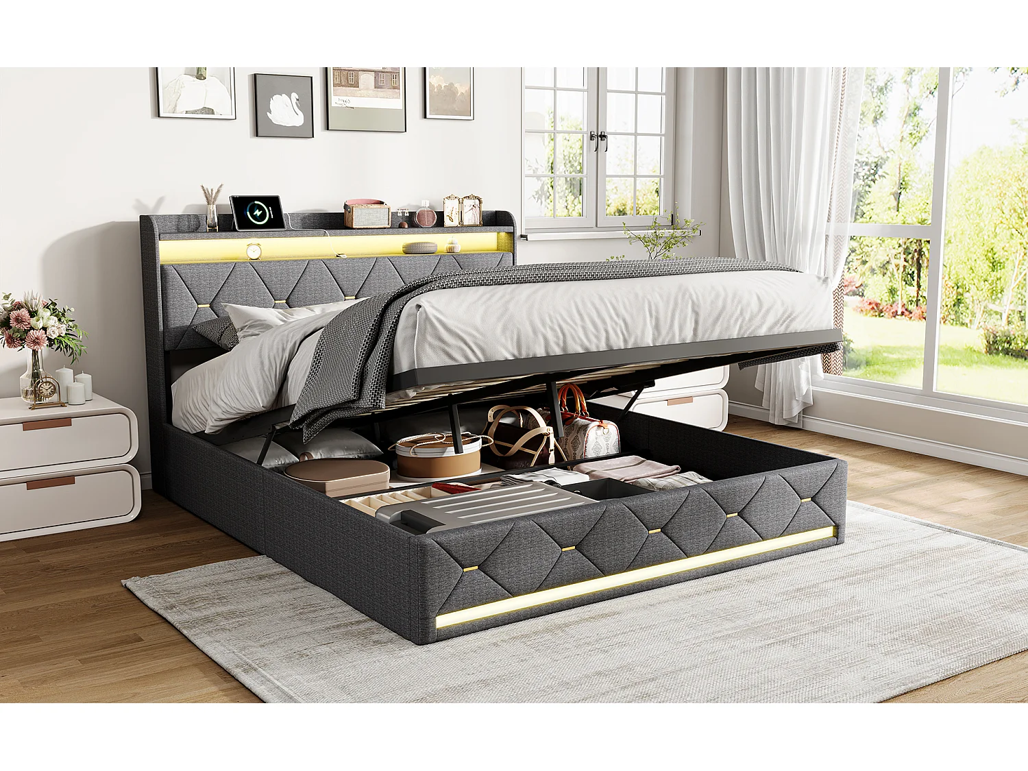 Cama de adulto de 140 x 200 cm con iluminación LED y puertos USB - compartimento de almacenamiento hidráulico - ropa de cama - gris