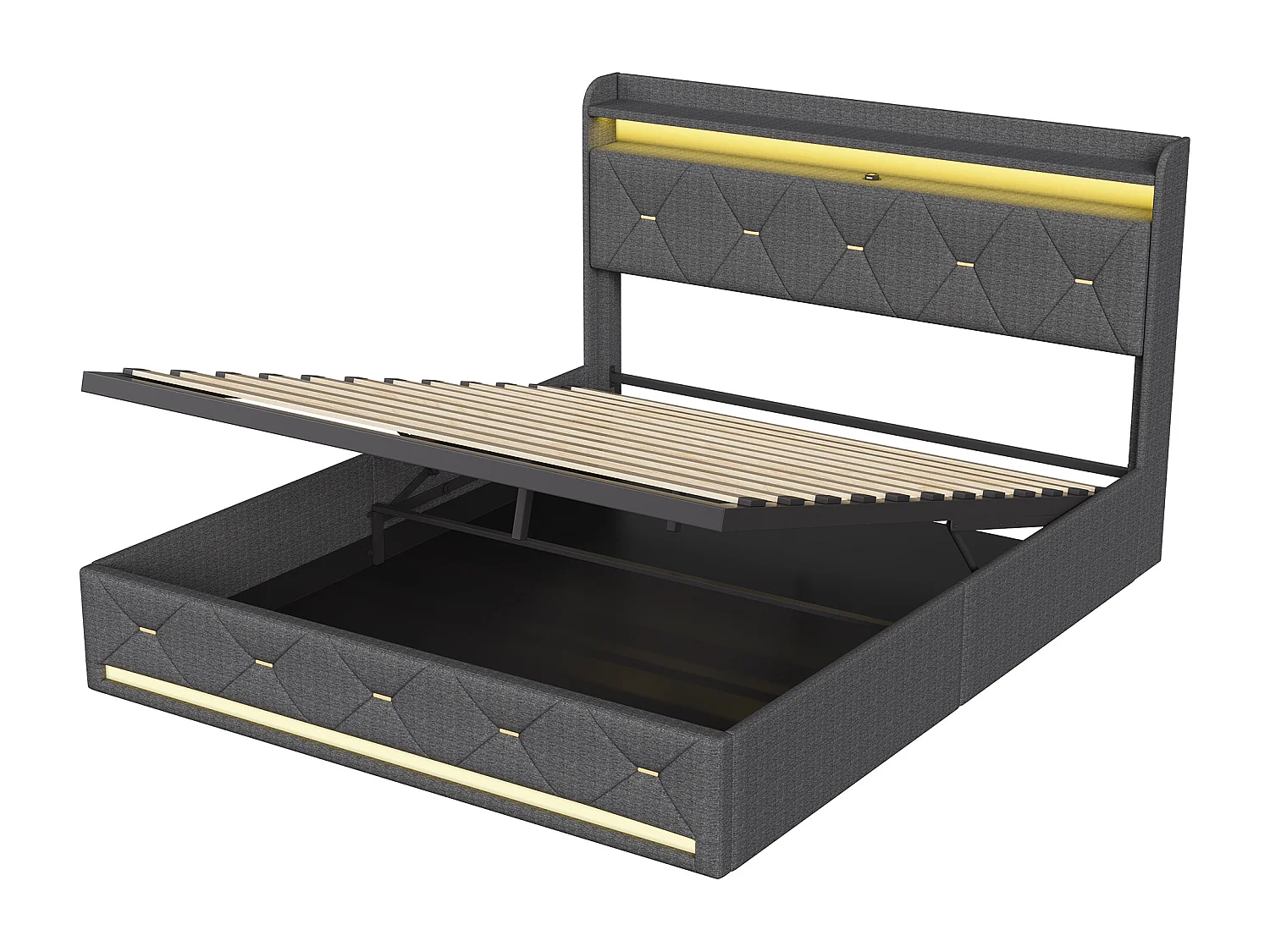 Cama de adulto de 140 x 200 cm con iluminación LED y puertos USB - compartimento de almacenamiento hidráulico - ropa de cama - gris