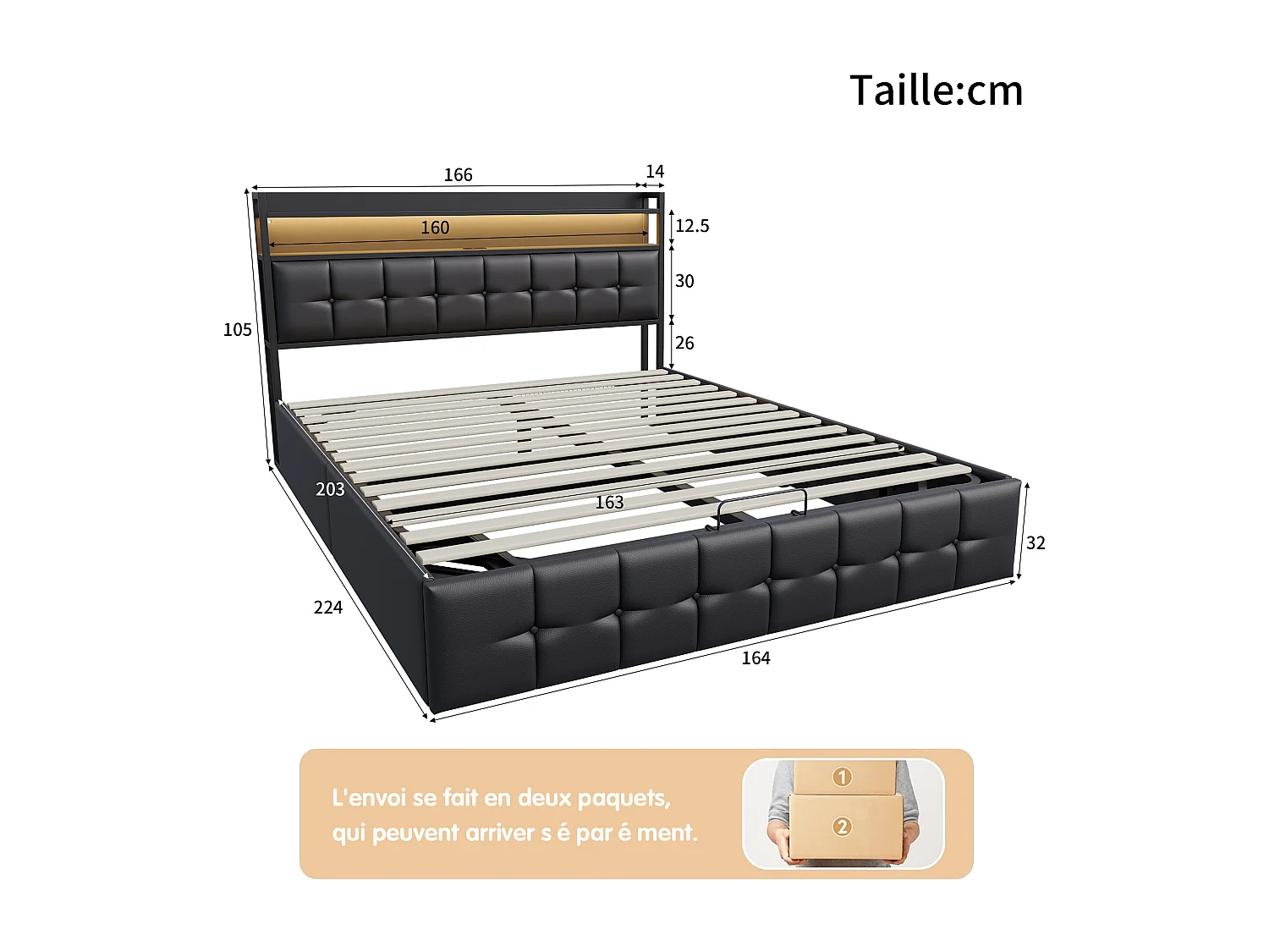 Opbergbed van 160x200 cm met ledverlichting en lattenbodem - USB- en Type-C-poorten - moderne stijl - PU-stof - zwart