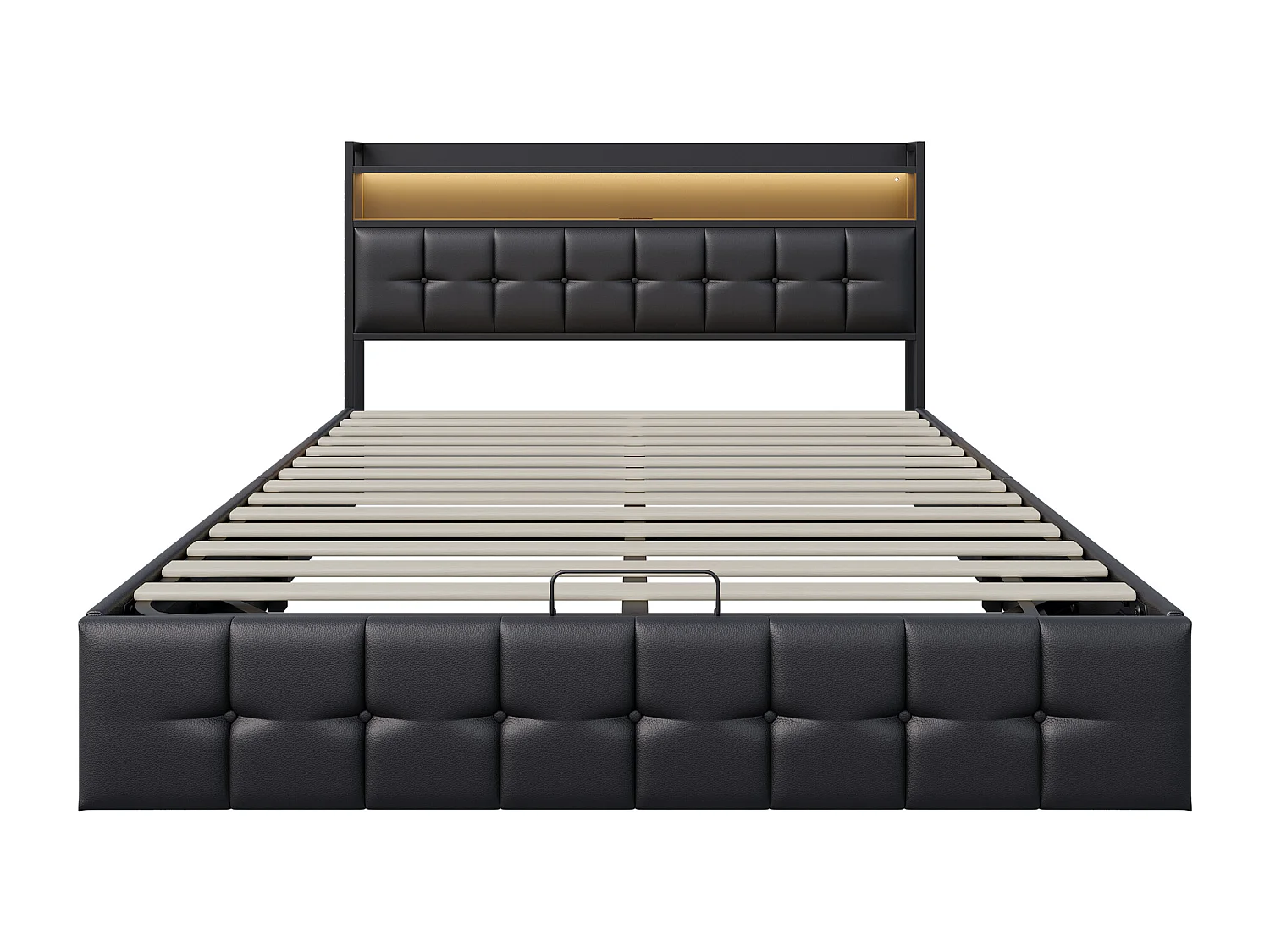 Opbergbed van 160x200 cm met ledverlichting en lattenbodem - USB- en Type-C-poorten - moderne stijl - PU-stof - zwart