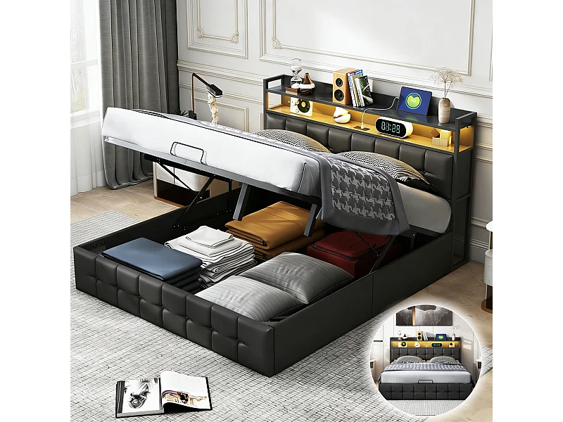 Opbergbed van 160x200 cm met ledverlichting en lattenbodem - USB- en Type-C-poorten - moderne stijl - PU-stof - zwart