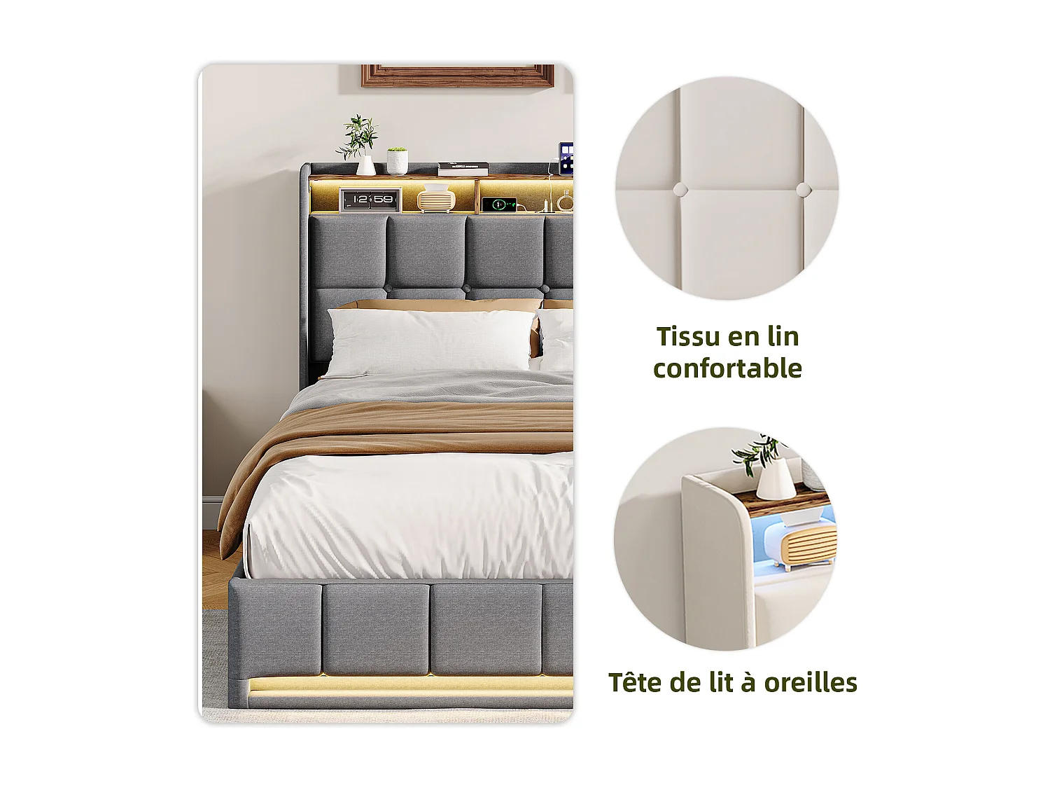 Cama de 160x200cm con almacenamiento, LED, puerto USB y puerto Tipo-C, cama doble tapizada con almacenamiento, estructura de cama, base de láminas, lino, gris