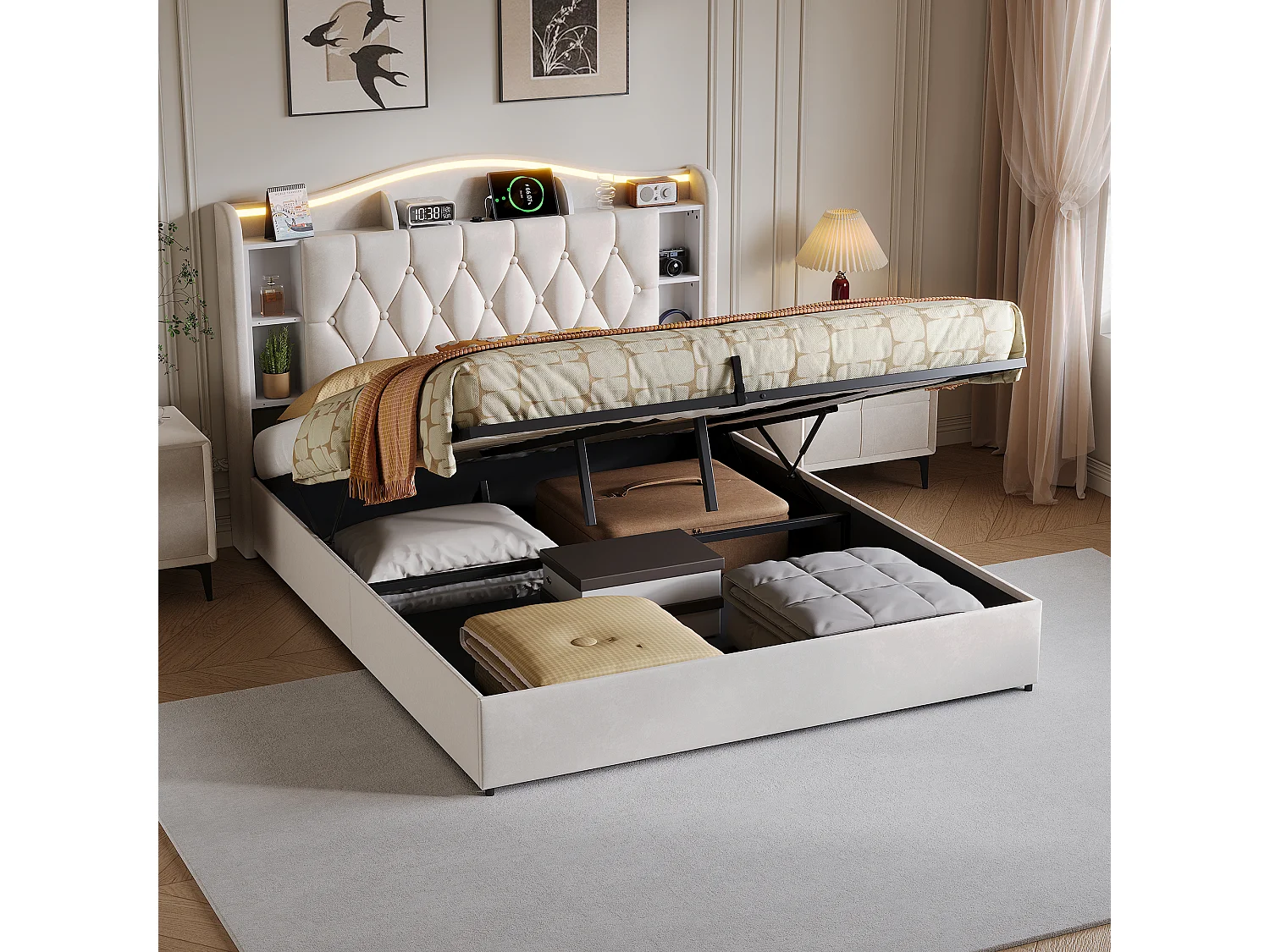 Lit double 140x200cm avec éclairage LED et ports USB - rangement hydraulique - velours - style moderne - beige