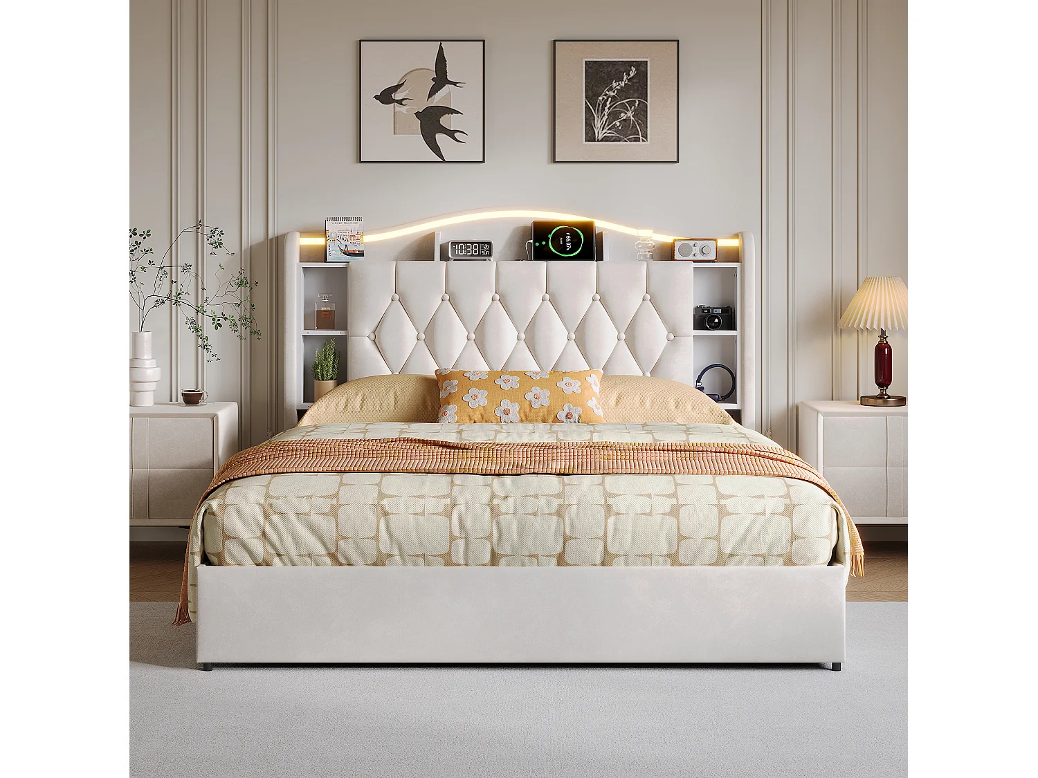 Lit double 140x200cm avec éclairage LED et ports USB - rangement hydraulique - velours - style moderne - beige