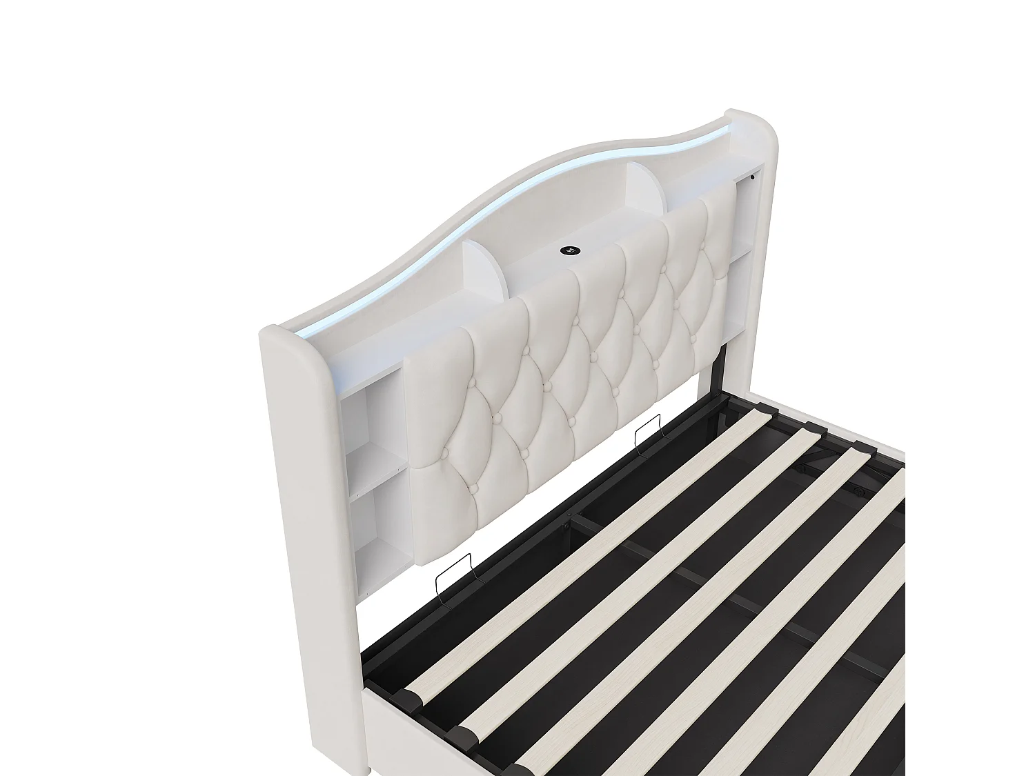 Lit double 140x200cm avec éclairage LED et ports USB - rangement hydraulique - velours - style moderne - beige