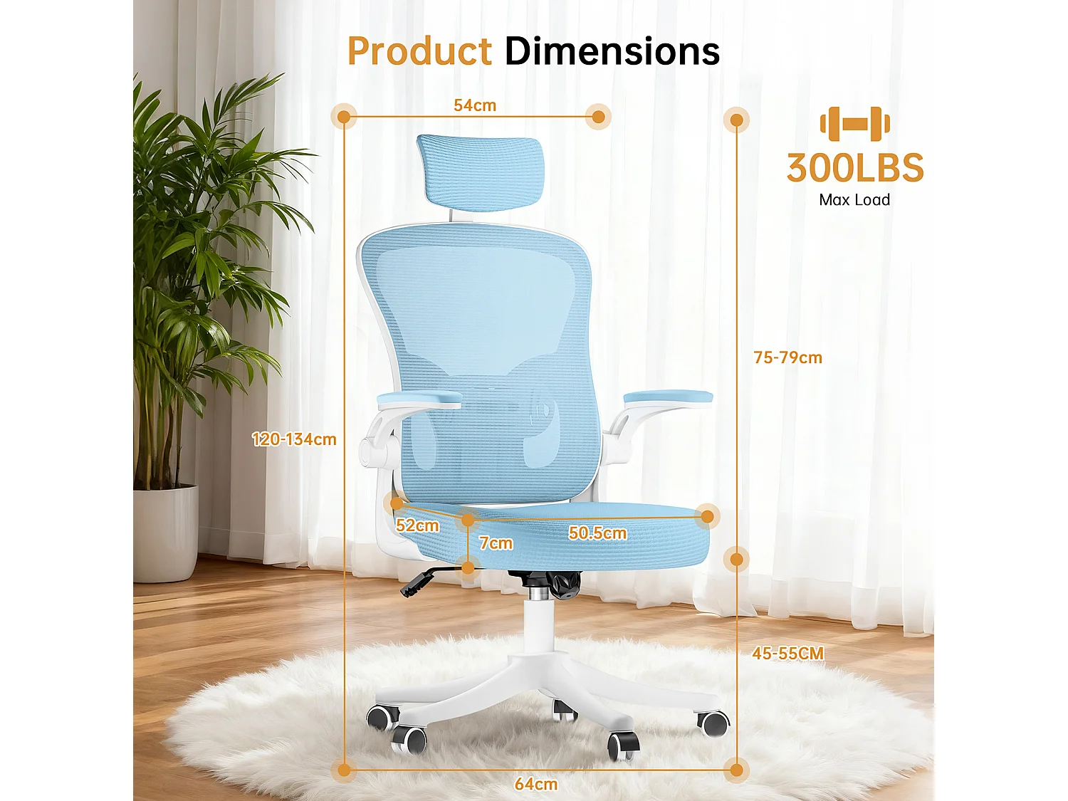 Chaise de bureau ergonomique avec hauteur réglable, appui-tête, accoudoirs rabattables et soutien lombaire