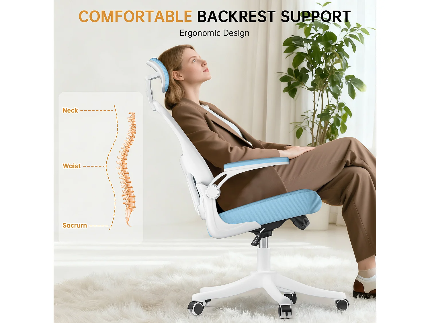Chaise de bureau ergonomique avec hauteur réglable, appui-tête, accoudoirs rabattables et soutien lombaire