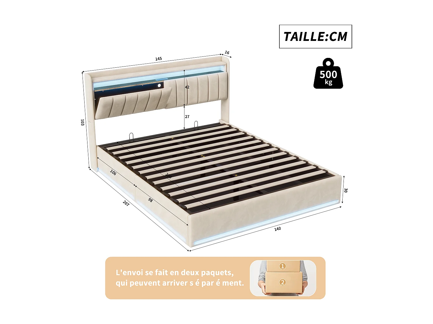 Lit double 140x200cm, lit rembourré avec LED et USB, tête de lit, espace de rangement, sommier à lattes, velours, beige