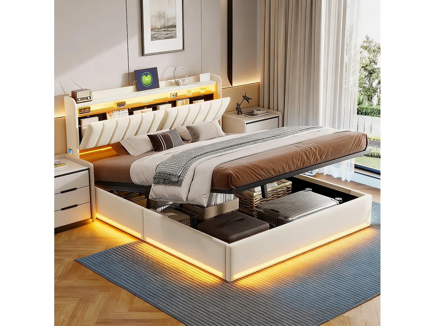 Lit double 140x200cm, lit rembourré avec LED et USB, tête de lit, espace de rangement, sommier à lattes, velours, beige