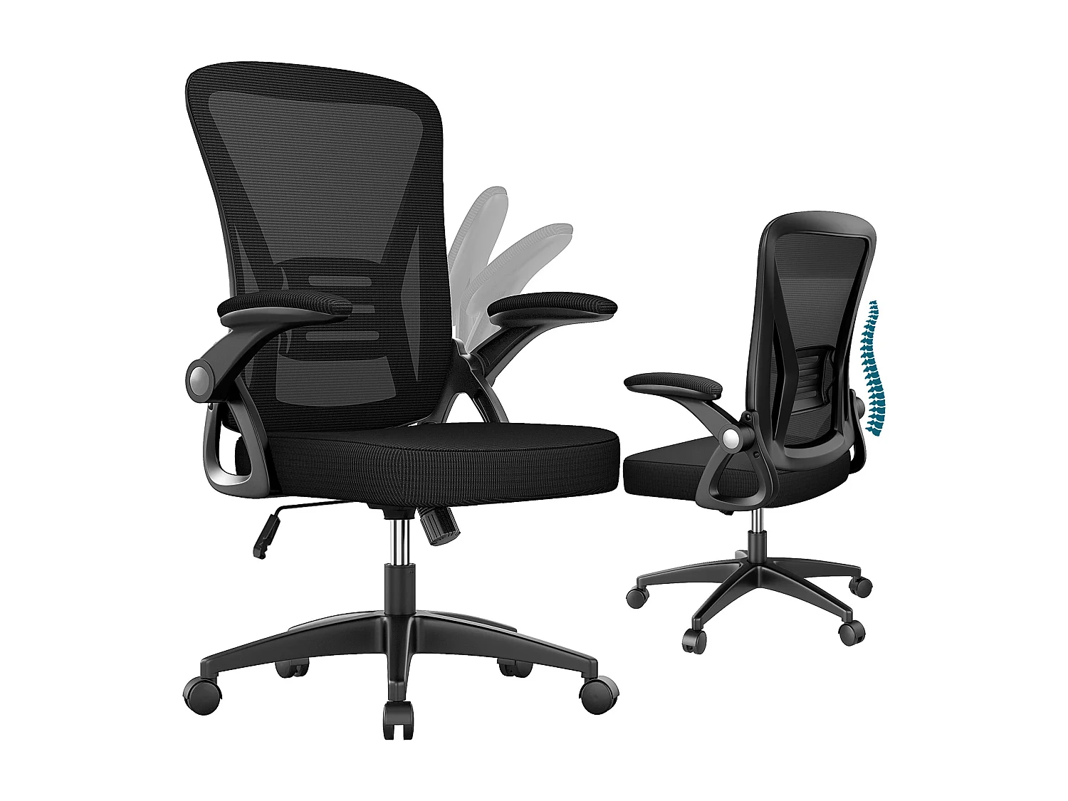 Chaise de bureau ergonomique avec accoudoirs rabattables à 90° et soutien lombaire, chaise de bureau à hauteur réglable avec coussin d'assise rembourré
