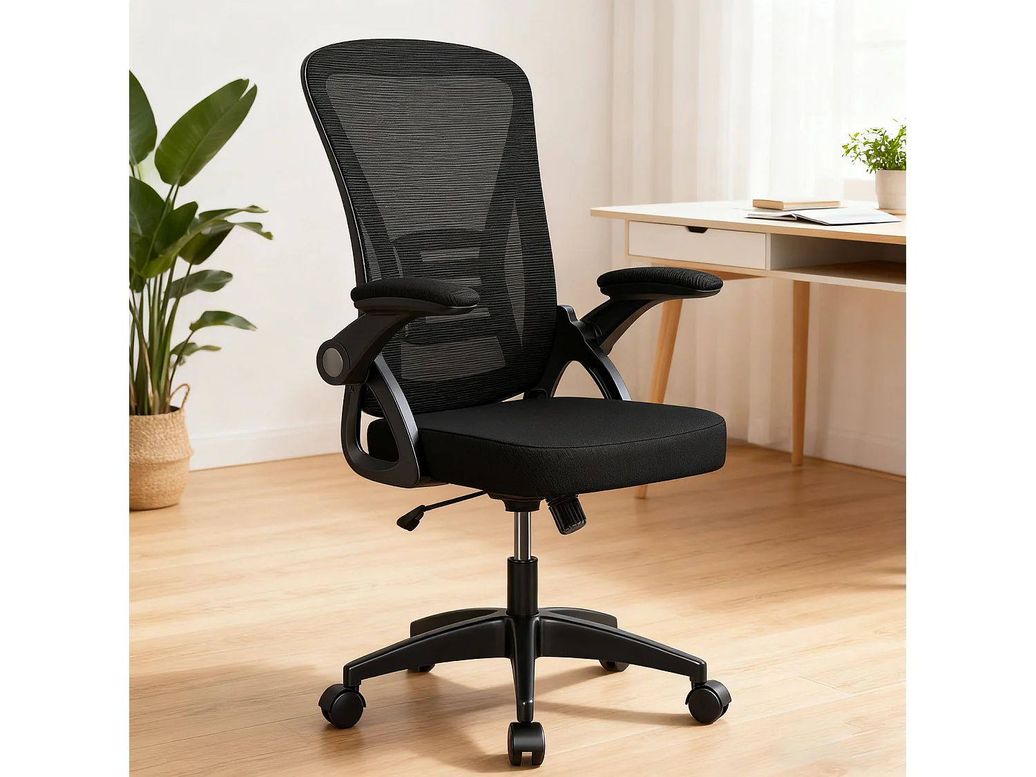 Chaise de bureau ergonomique avec accoudoirs rabattables à 90° et soutien lombaire, chaise de bureau à hauteur réglable avec coussin d'assise rembourré