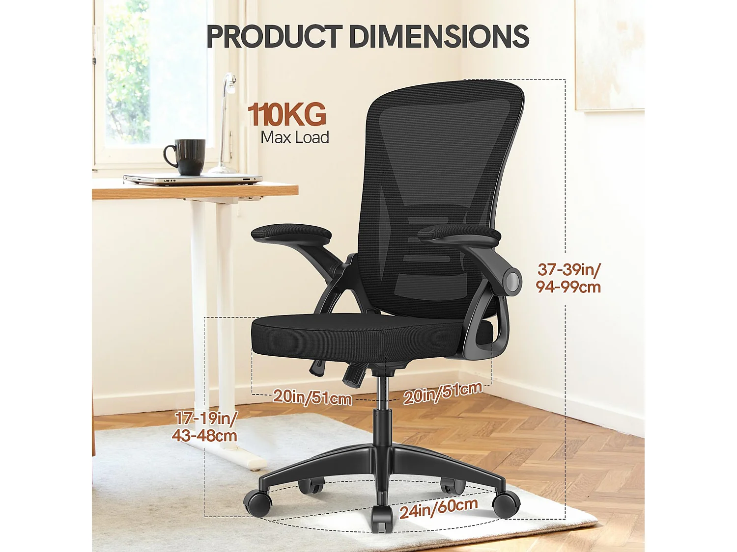 Chaise de bureau ergonomique avec accoudoirs rabattables à 90° et soutien lombaire, chaise de bureau à hauteur réglable avec coussin d'assise rembourré