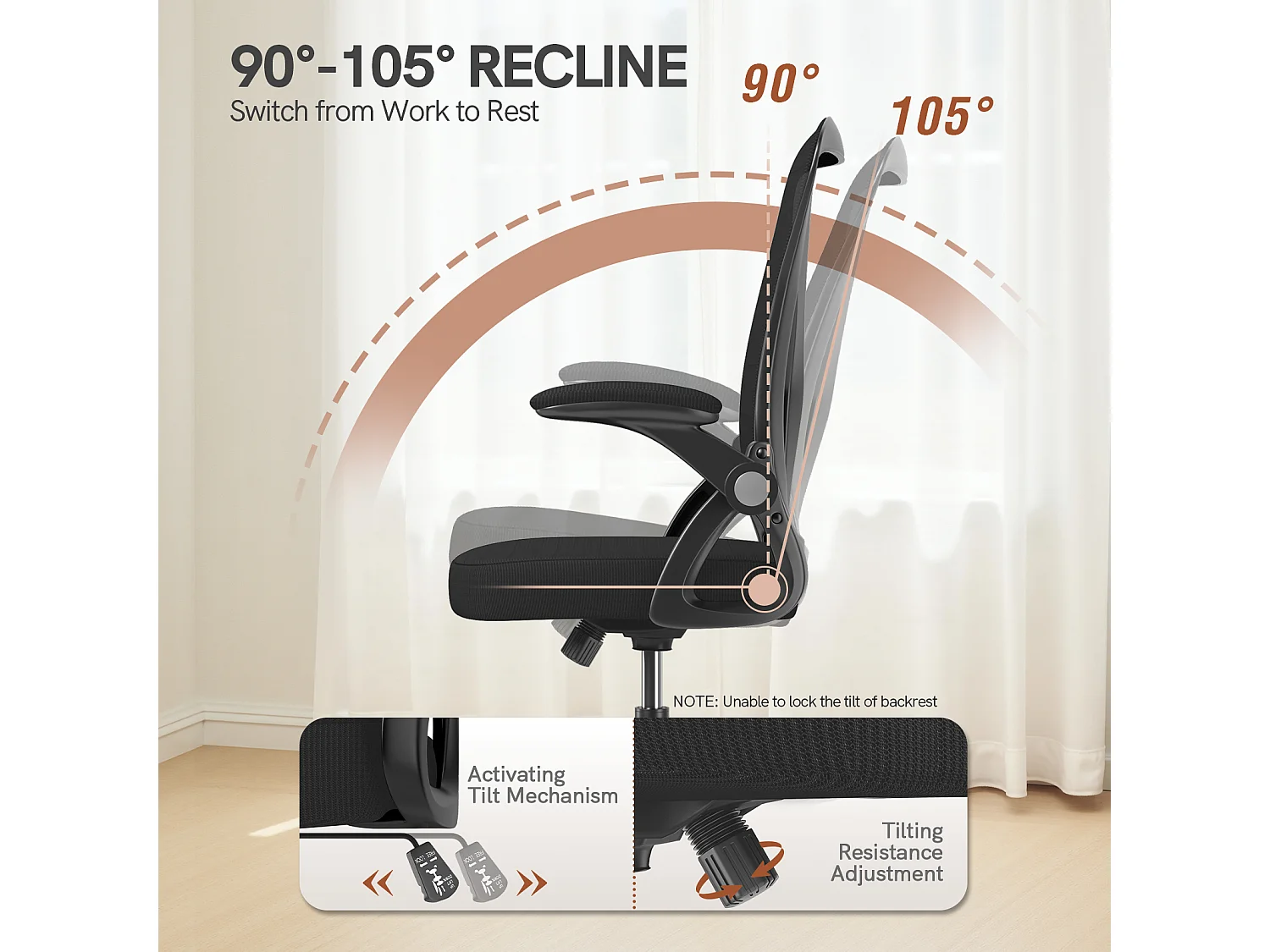 Chaise de bureau ergonomique avec accoudoirs rabattables à 90° et soutien lombaire, chaise de bureau à hauteur réglable avec coussin d'assise rembourré