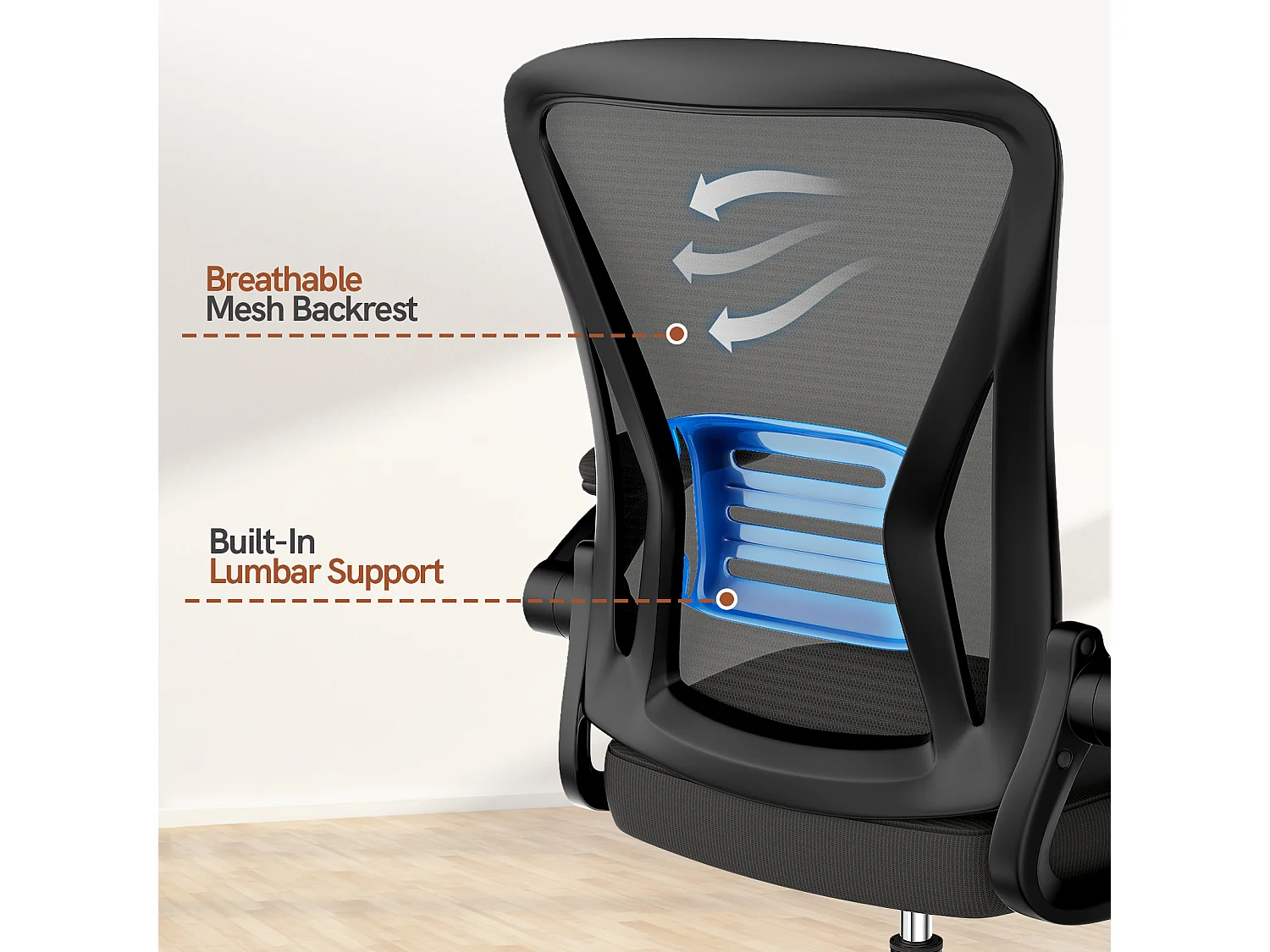 Chaise de bureau ergonomique avec accoudoirs rabattables à 90° et soutien lombaire, chaise de bureau à hauteur réglable avec coussin d'assise rembourré