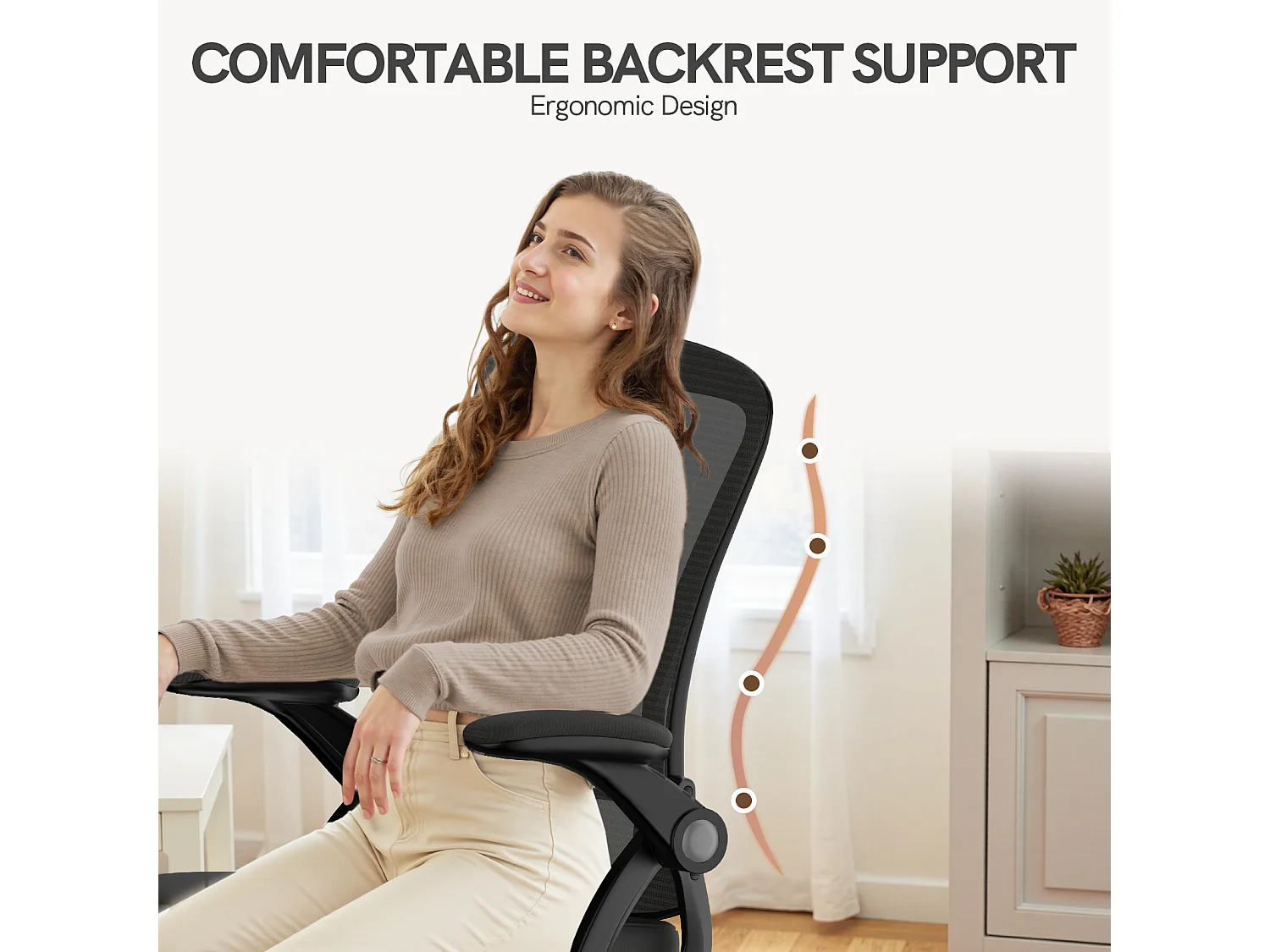 Chaise de bureau ergonomique avec accoudoirs rabattables à 90° et soutien lombaire, chaise de bureau à hauteur réglable avec coussin d'assise rembourré