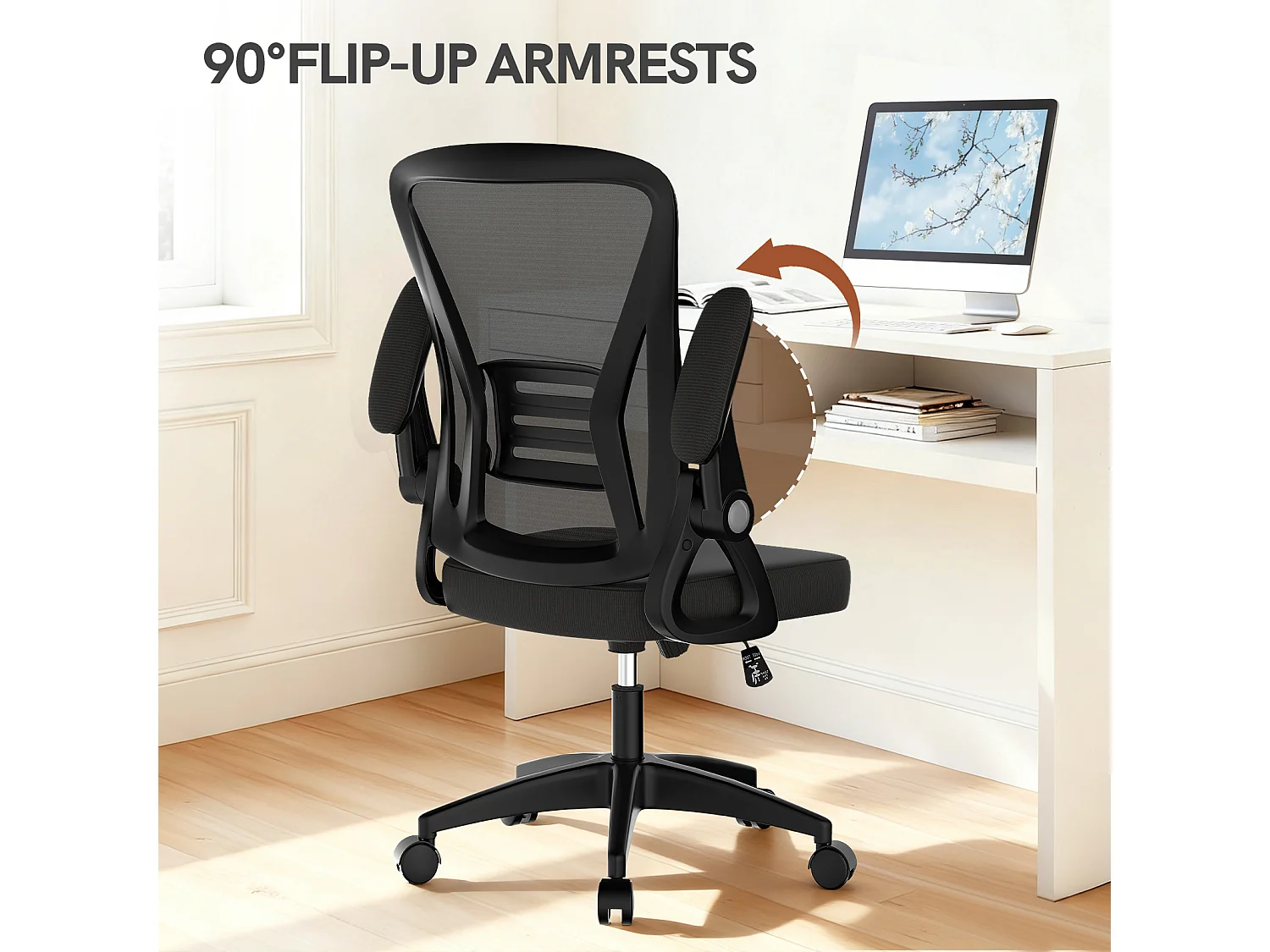 Chaise de bureau ergonomique avec accoudoirs rabattables à 90° et soutien lombaire, chaise de bureau à hauteur réglable avec coussin d'assise rembourré