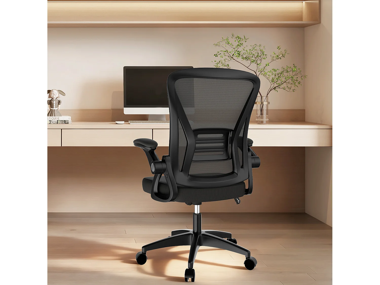 Chaise de bureau ergonomique avec accoudoirs rabattables à 90° et soutien lombaire, chaise de bureau à hauteur réglable avec coussin d'assise rembourré