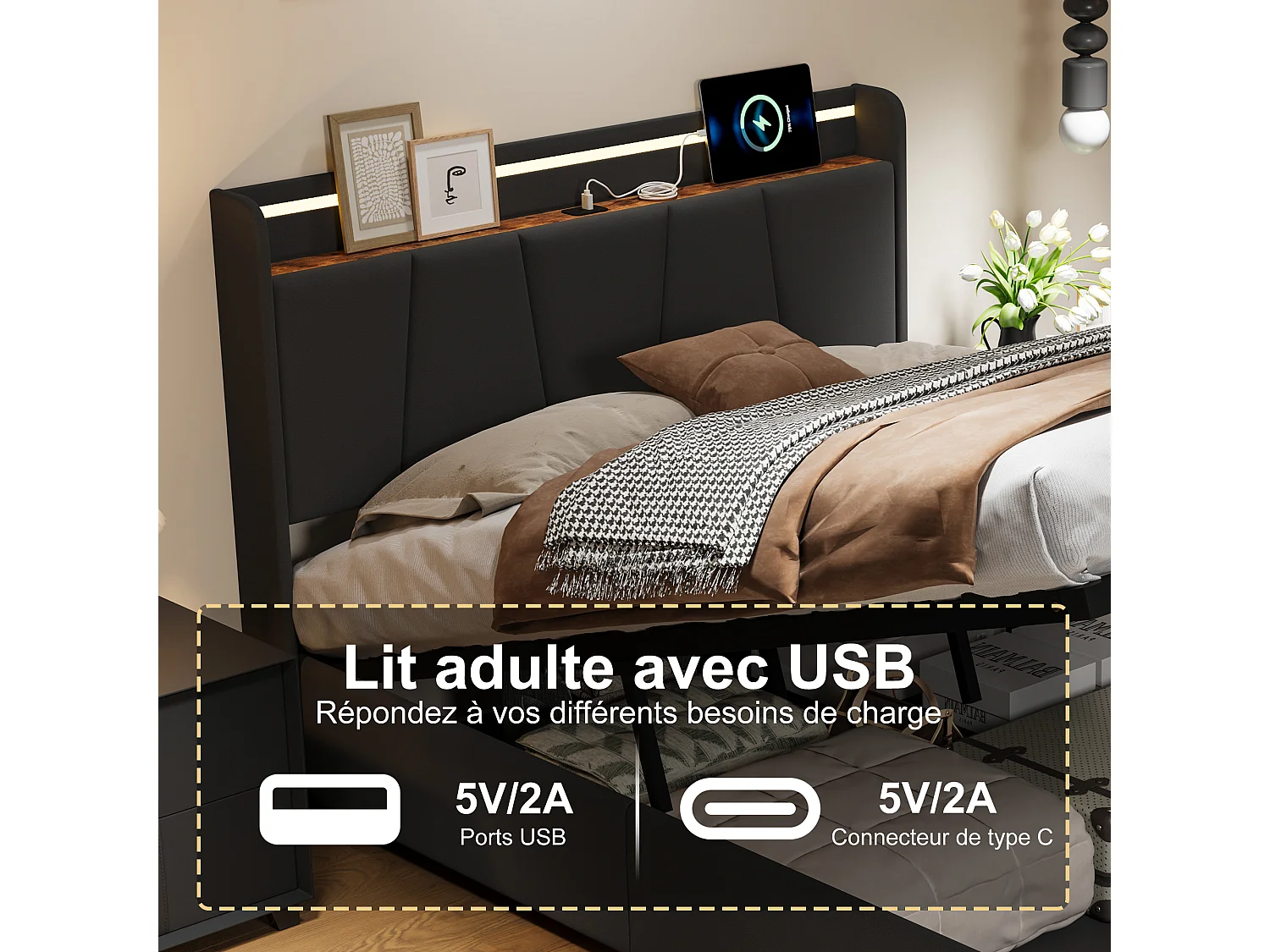 Lit coffre 140x190, Lit double capitonné avec Éclairage LED et USB, Lit rembourré avec 2 tiroirs et tete de lit, Lin, Gris Foncé