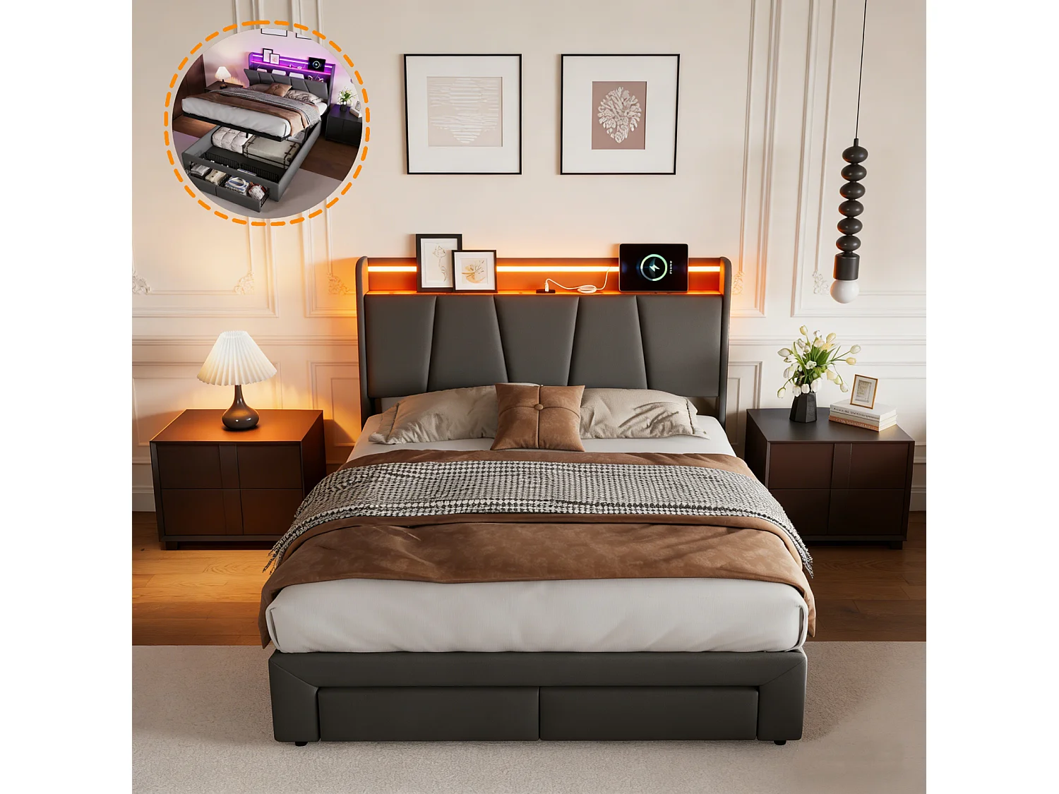 Lit coffre 140x190, Lit double capitonné avec Éclairage LED et USB, Lit rembourré avec 2 tiroirs et tete de lit, Lin, Gris Foncé