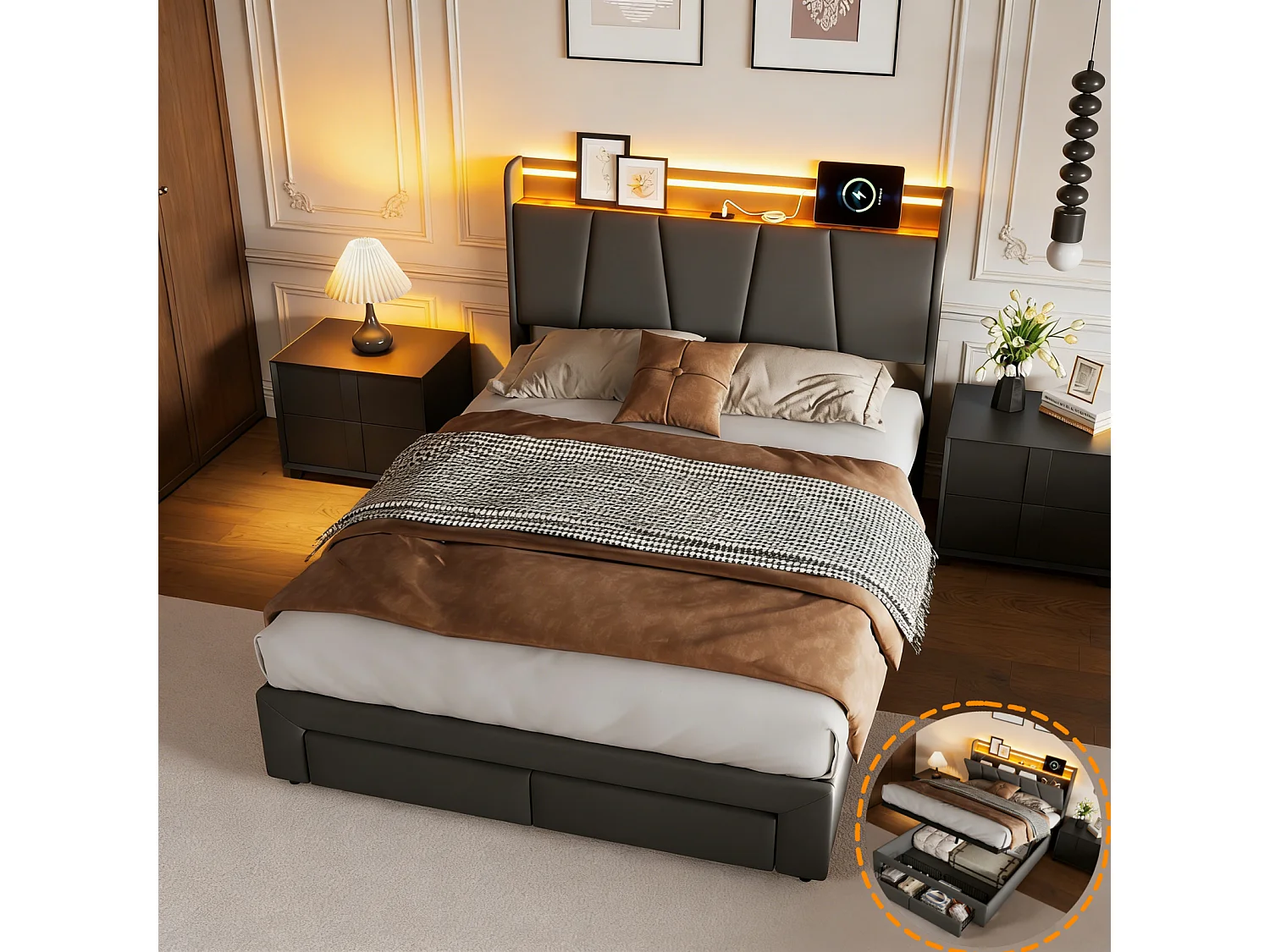 Opbergbed 140x200cm, gestoffeerd tweepersoonsbed met ledverlichting en usb-poort, gewatteerd bed met 2 lades en hoofdbord, linnen, donkergrijs