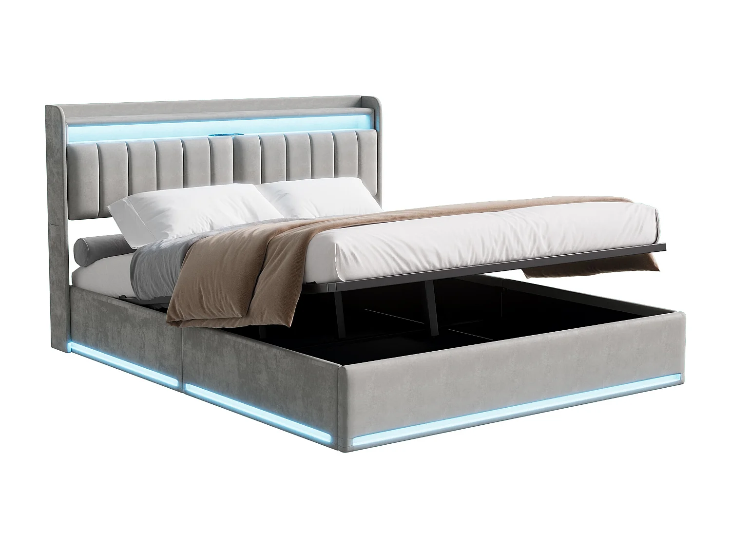 Lit Coffre 160 x 200 cm, avec tête de lit conteneur et LED et USB, Lit rembourré, Lit double avec Sommier en Bois et Velours, Gris